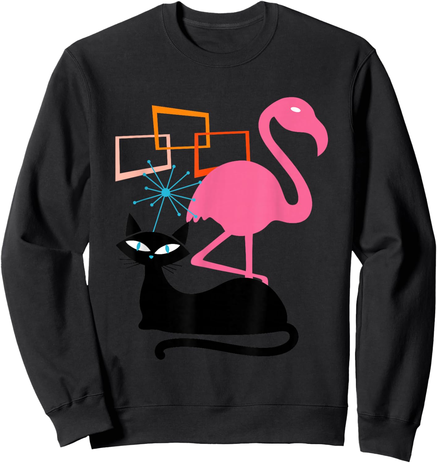 Flamingo and Cat Midcentury Mid Century Stardust Modern Sweatshirt - Sweatshirt | Black