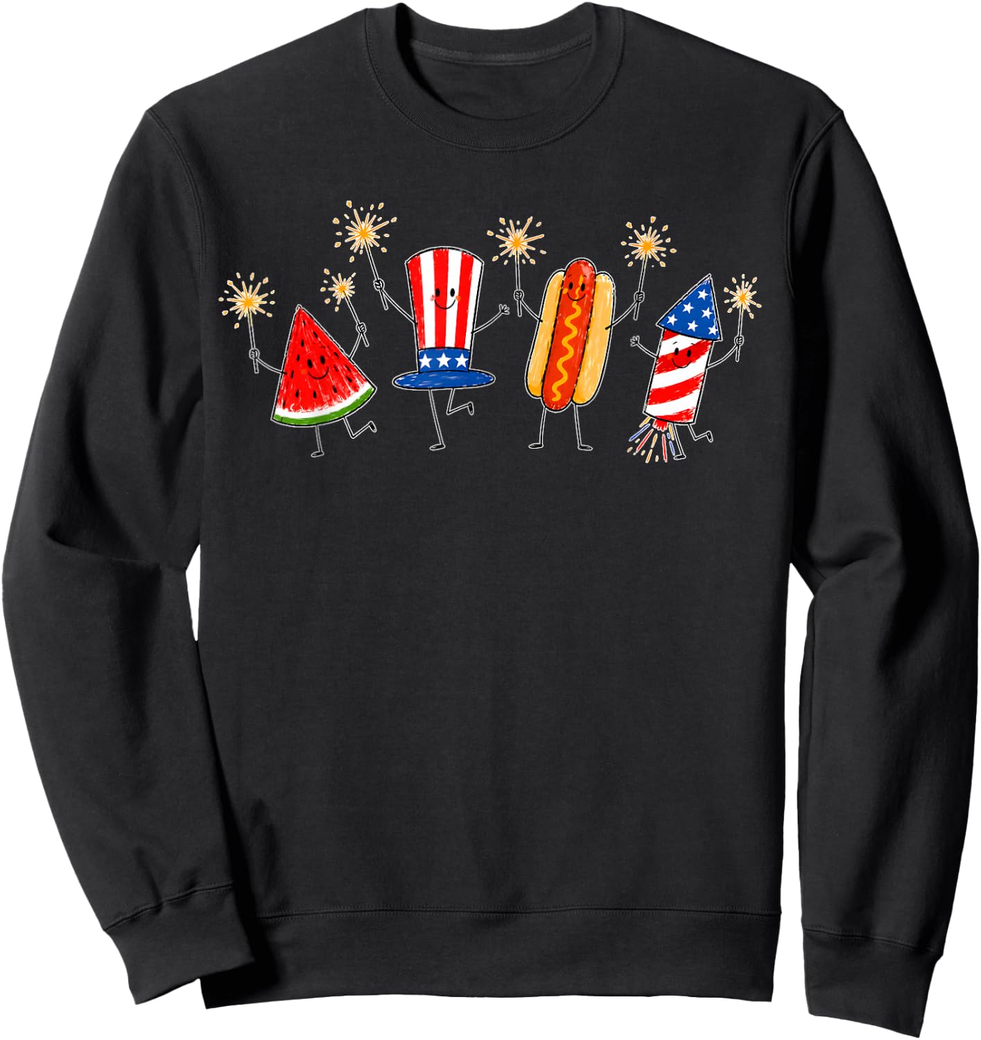 Fourth of July Patriotic Doodle Watermelon Hotdog Firework Sweatshirt - Sweatshirt | Black