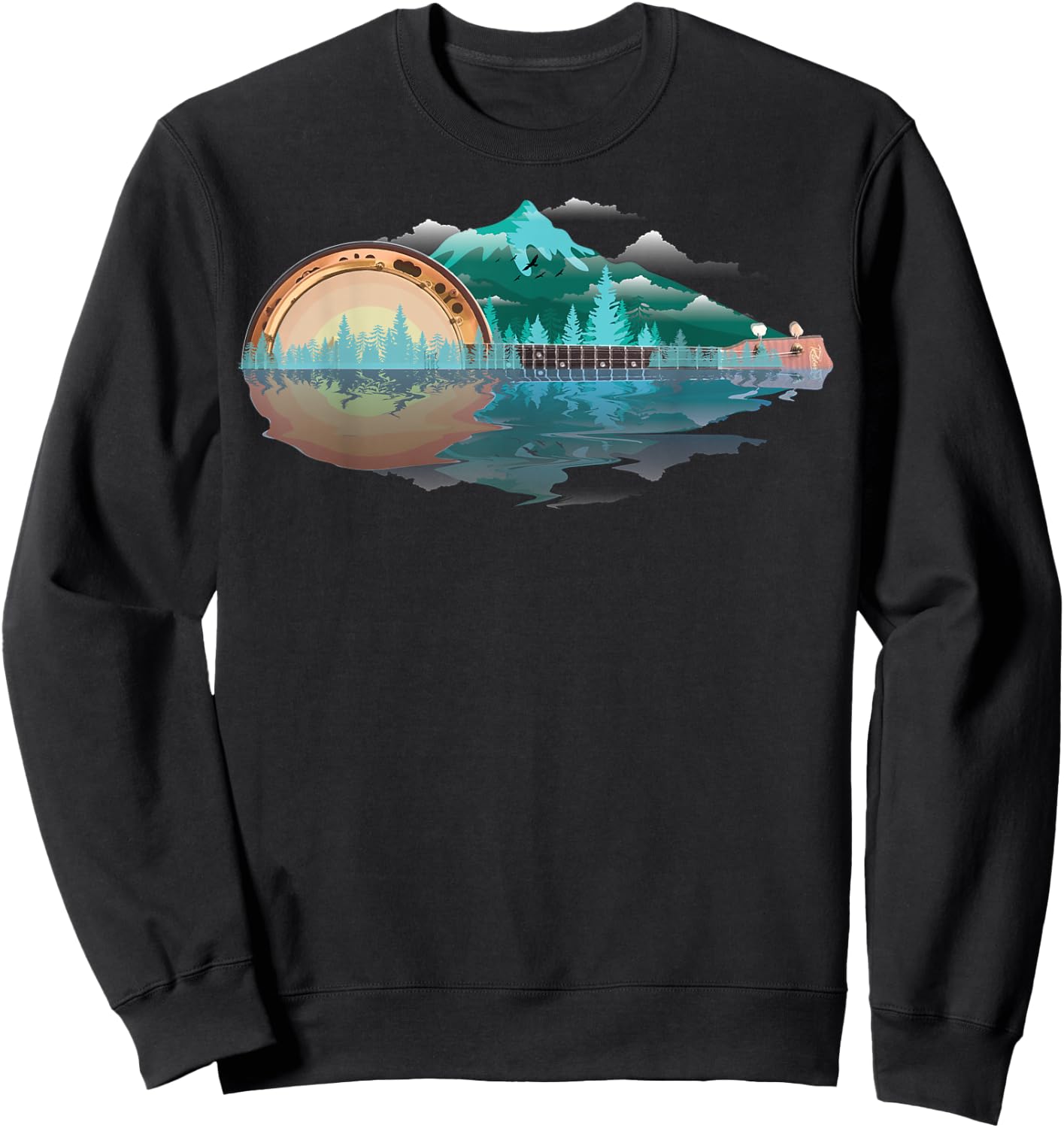 Cool Retro Banjo Mountains & Sun | Funny Bluegrass Fan Gift Sweatshirt - Sweatshirt | Black
