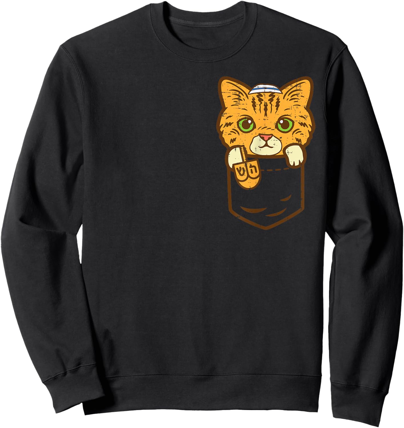 Jewish Kitten Pocket Cat Menorah Hanukkah Pajamas Chanukah Sweatshirt - Sweatshirt | Black