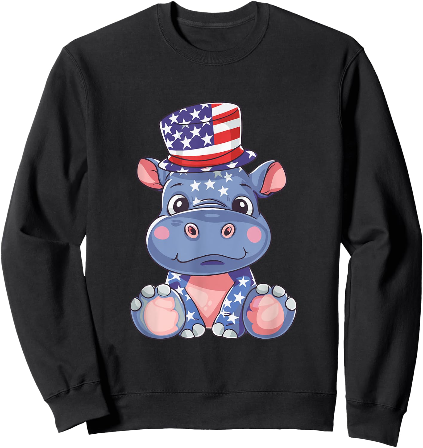 Cute Hippo USA Flag | 4th Of July Sweatshirt - Sweatshirt | Black