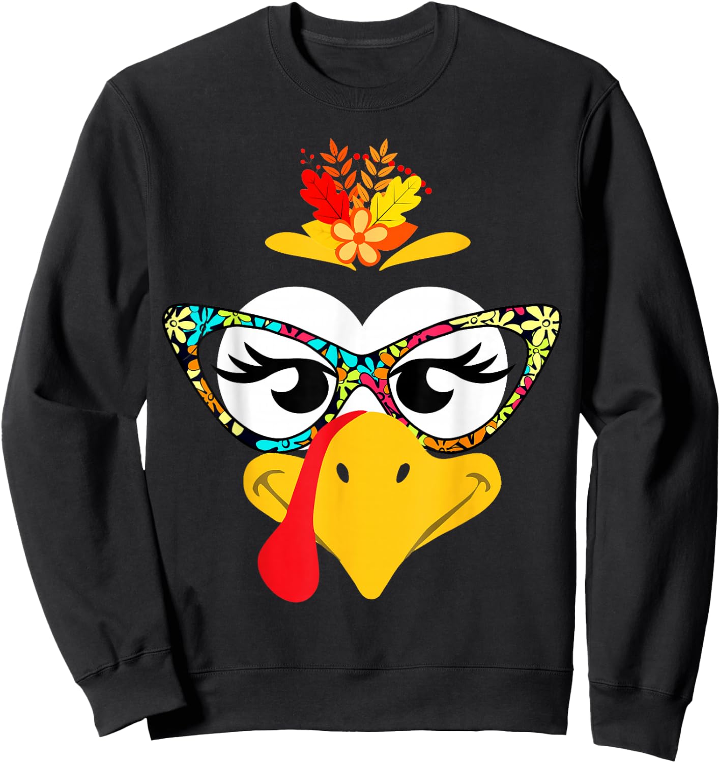 Thanksgiving Funny Turkey Face Colorful Floral Sunglasses Sweatshirt - Sweatshirt | Black