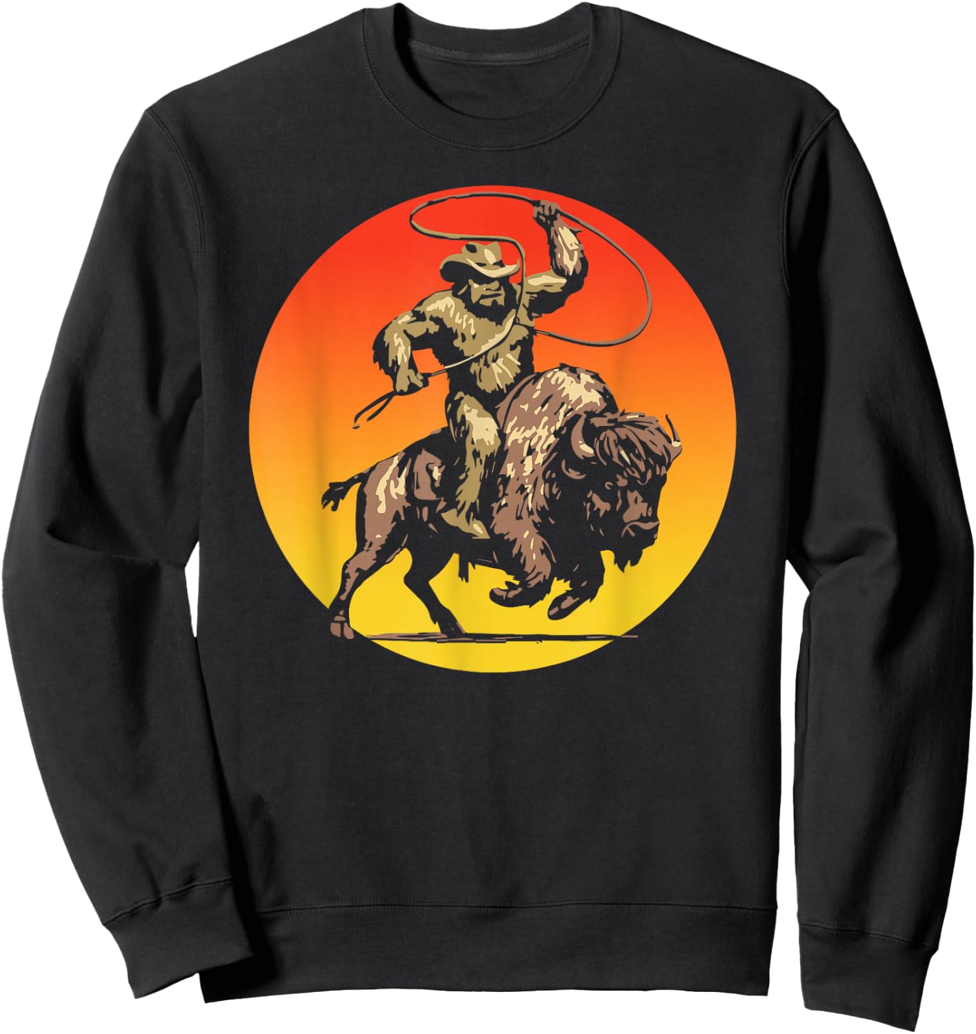 Sasquatch on a Bison Bigfoot Buffalo Outdoor Western Sweatshirt - Sweatshirt | Black