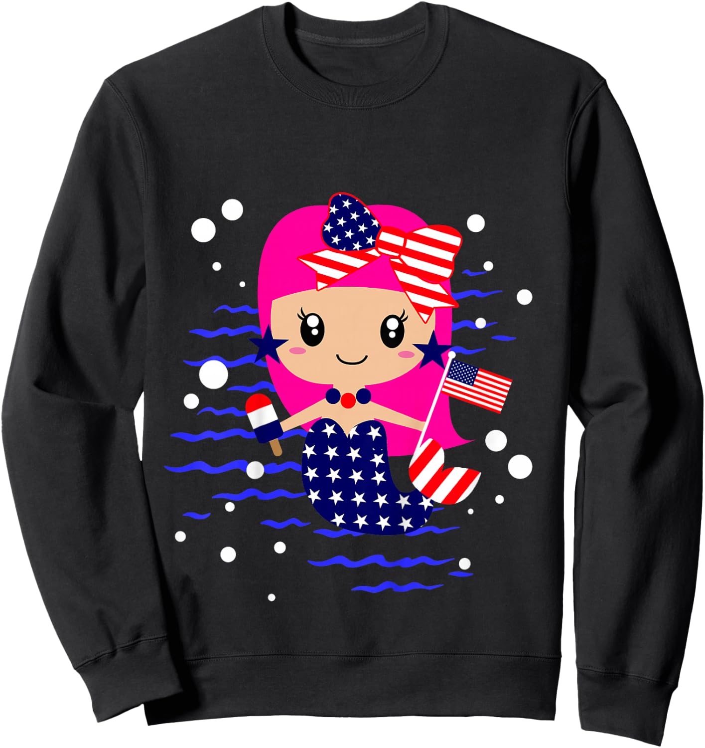 Girls 4th of July Cute Mermaid Toddler Patriotic Baby Flag Sweatshirt - Sweatshirt | Black