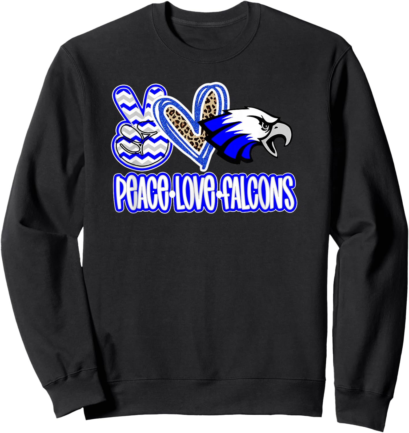 Peace Love Falcons School Spirit Blue White Falcons Mom Sweatshirt - Sweatshirt | Black