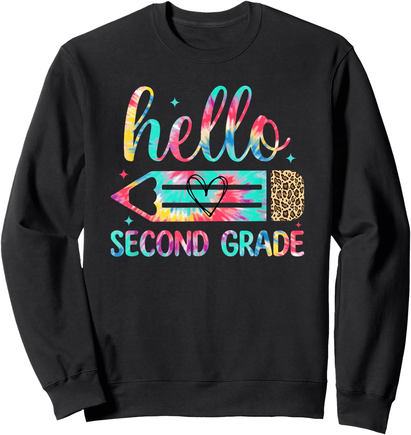 Back to School Hello Second 2nd Grade Leopard Tie Dye Pencil Sweatshirt - Sweatshirt | Black