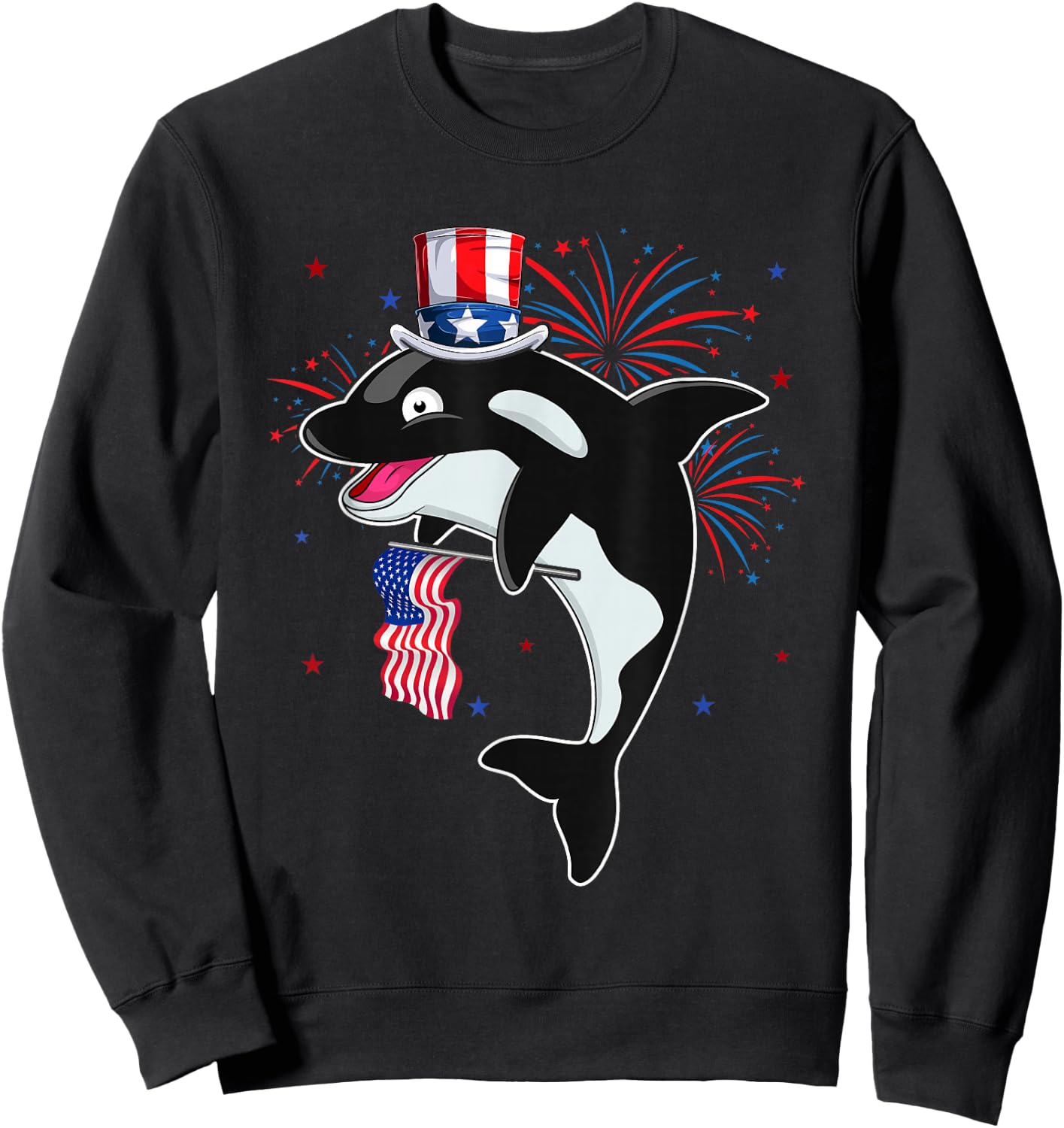 Orca Costume American Flag 4th of July Fireworks Lover Sweatshirt - Sweatshirt | Black
