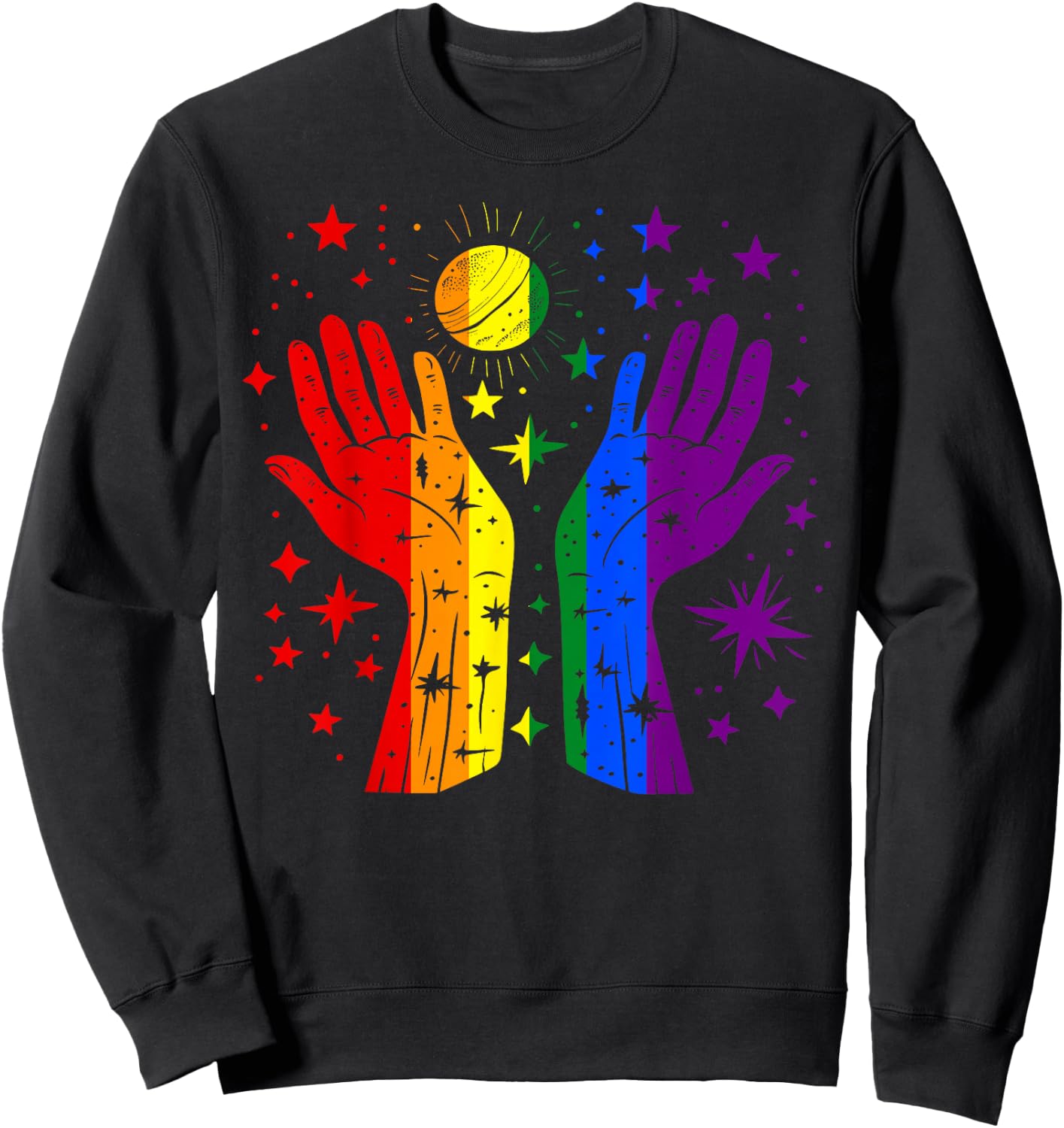 Rainbow Hands with Sun and Stars Gay Pride LGBT Sweatshirt - Sweatshirt | Black