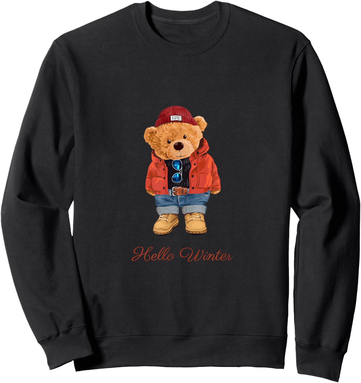 Hello Winter Cool Teddy Bear Cartoon Graphic Designs Fun Sweatshirt - Sweatshirt | Black