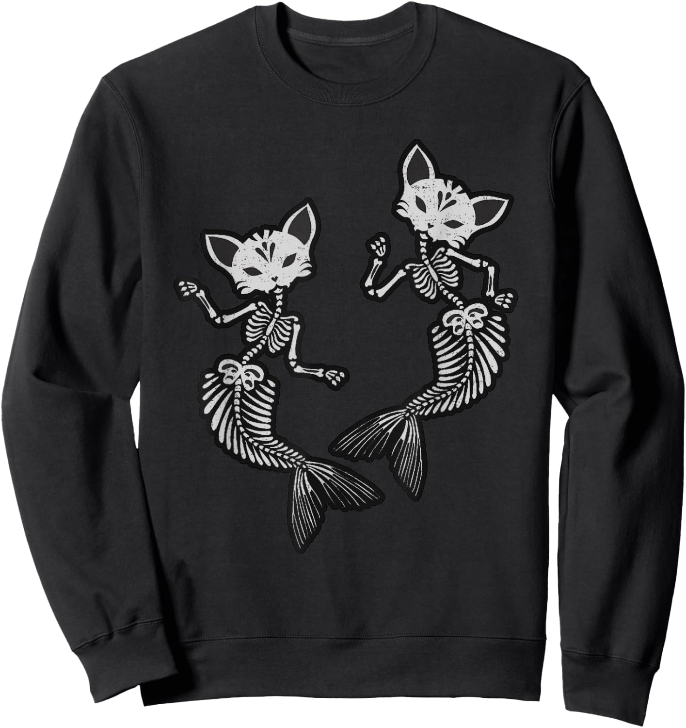Kitty Cat Mermaid Skeleton Halloween Fantasy Men Women Kids Sweatshirt - Sweatshirt | Black
