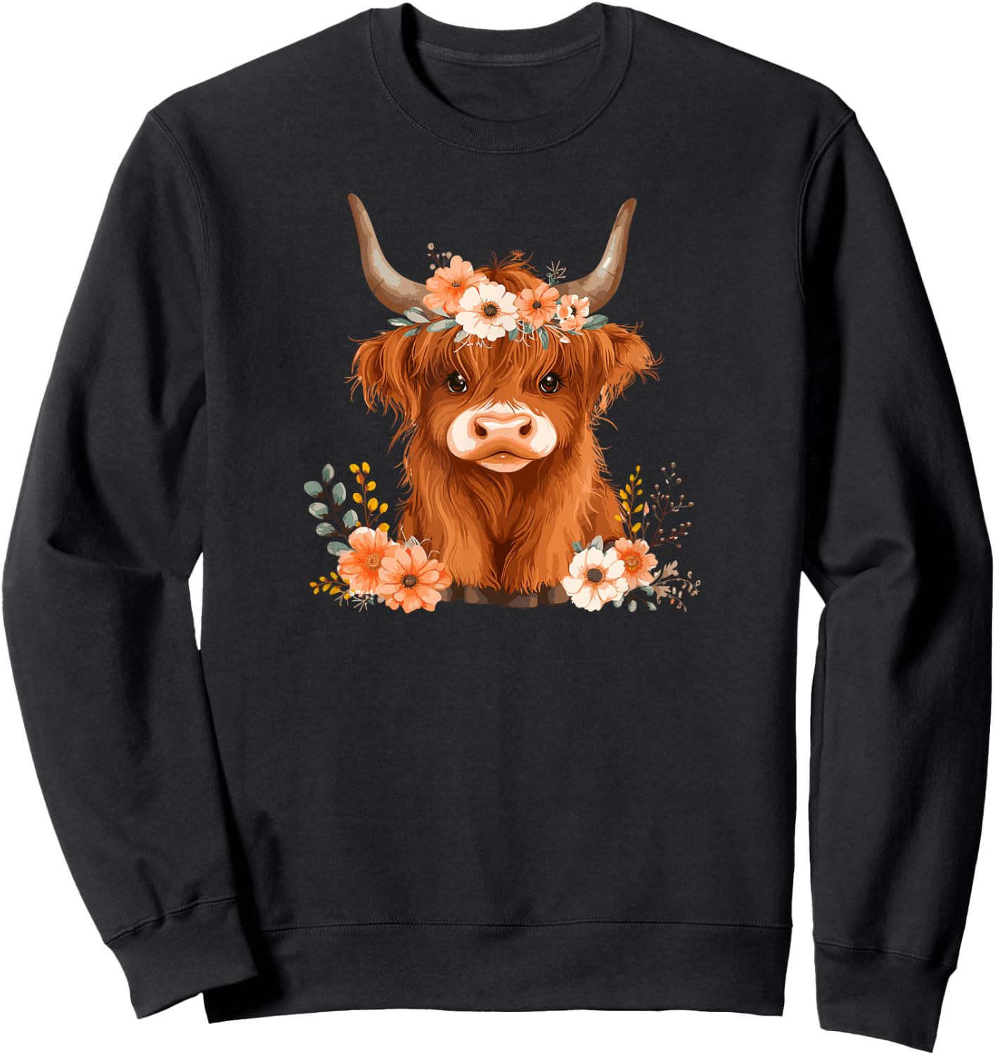 Highland Cow Cattle Flower Floral Crown Watercolor Sweatshirt - Sweatshirt | Black