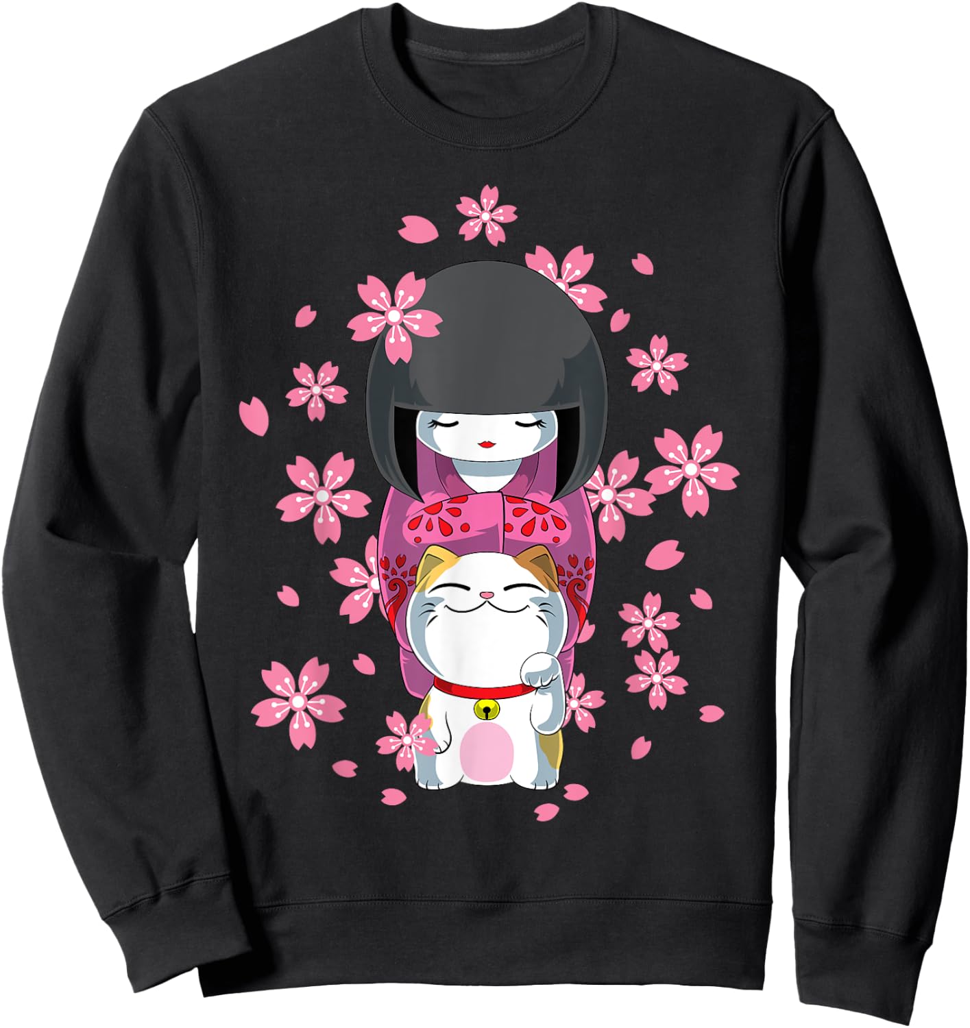 Japanese Kawaii Kokeshi and Cat Lucky Charm , Black Sweatshirt - Sweatshirt | Black