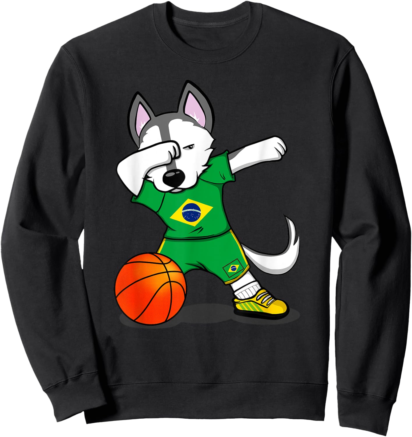 Dabbing Husky Brazil Basketball Fans Jersey Brazilian Flag Sweatshirt - Sweatshirt | Black