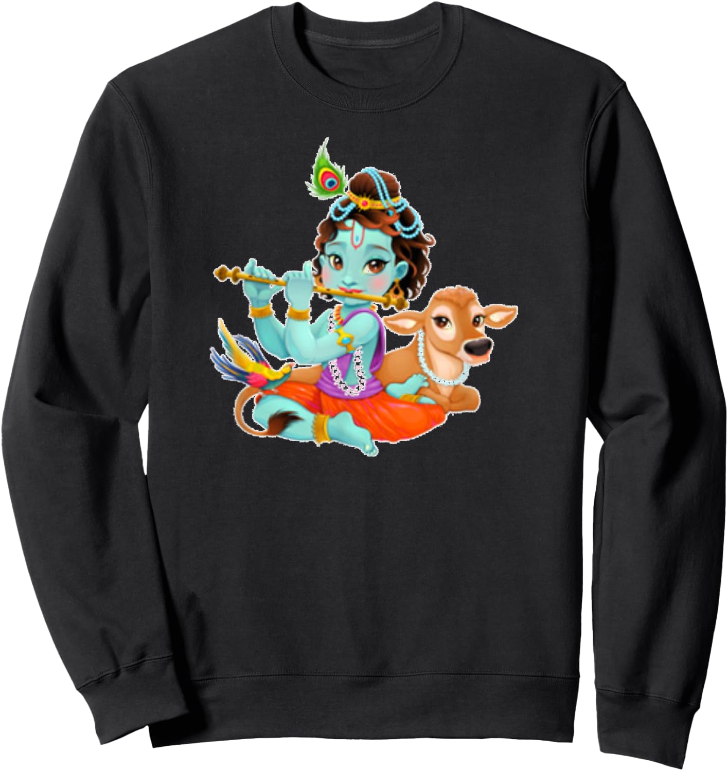 Hindu God Lord Shri Krishna with Cow and Bird Sweatshirt - Sweatshirt | Black