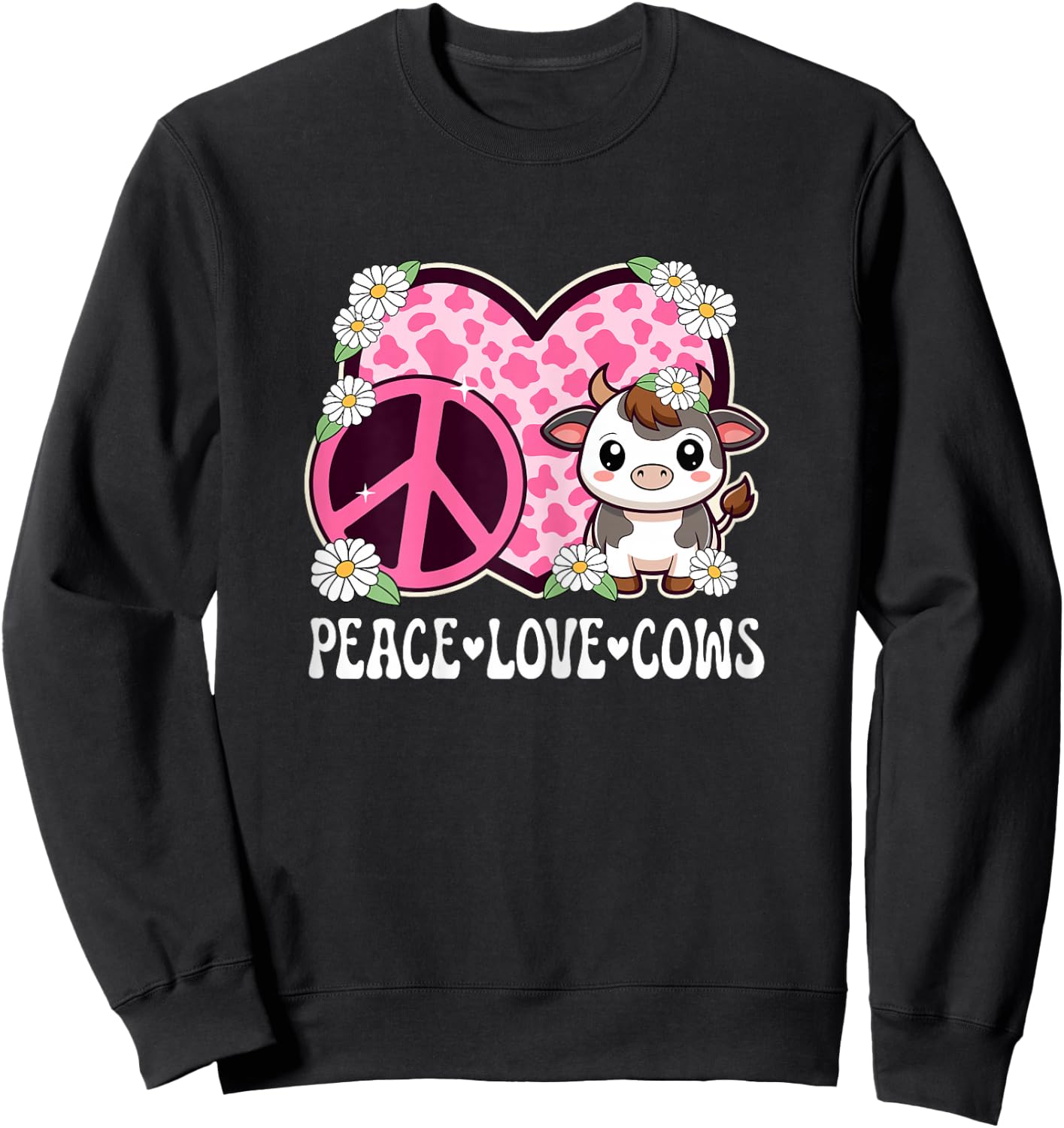 Peace Love Cows Women Cow Print Cute Cow Girls Cow Lover Cow Sweatshirt - Sweatshirt | Black