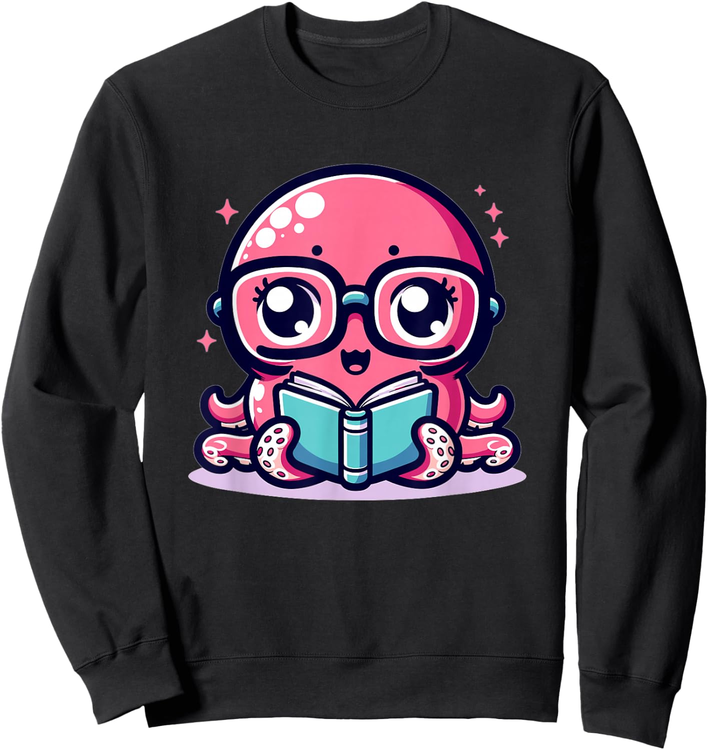 Adorable Book Lover Octopus With Reading Glasses Cute Sweatshirt - Sweatshirt | Black