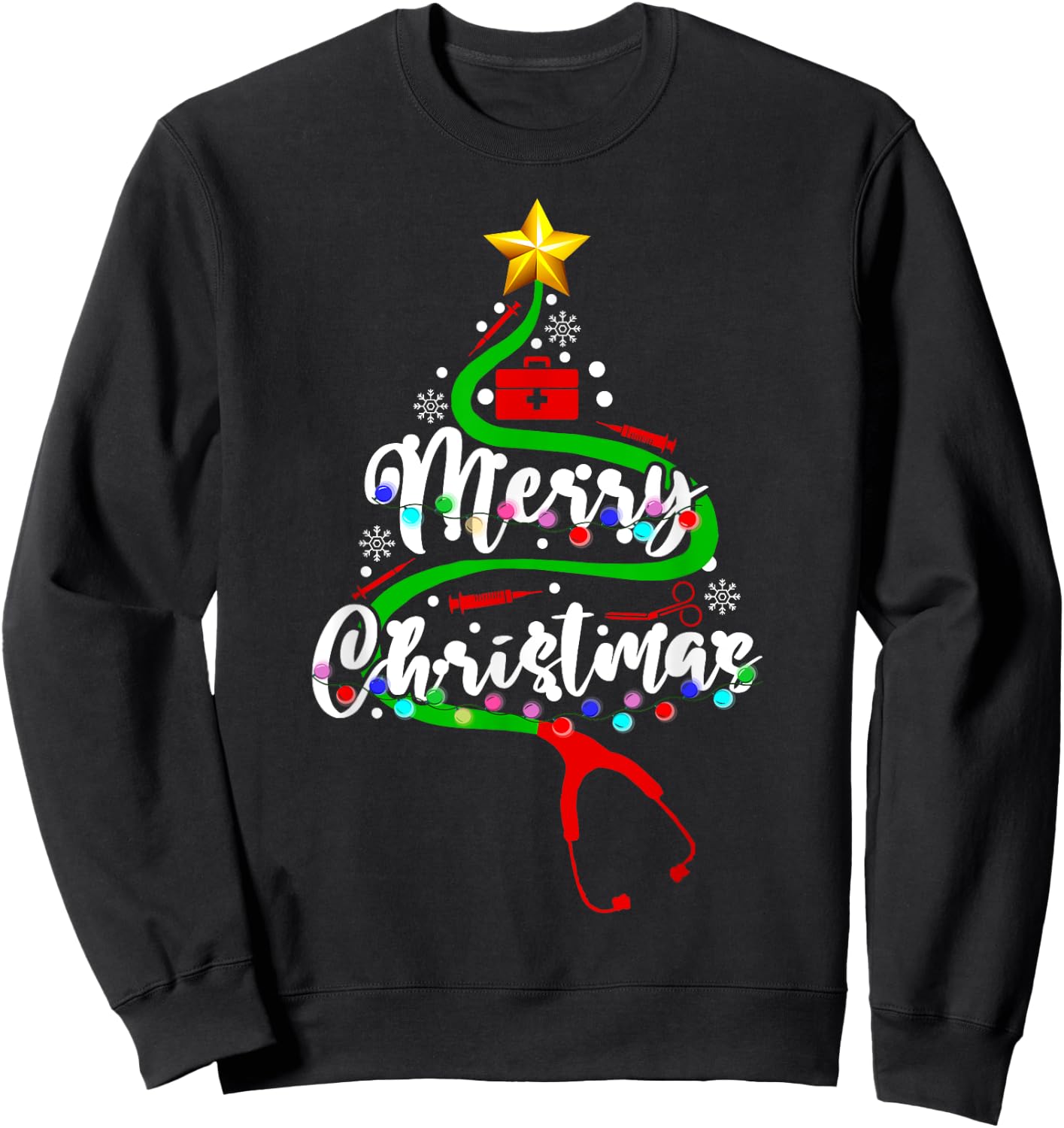 Funny Stethoscope Christmas Tree Nursing Scrub NICU RN LPN Sweatshirt - Sweatshirt | Black