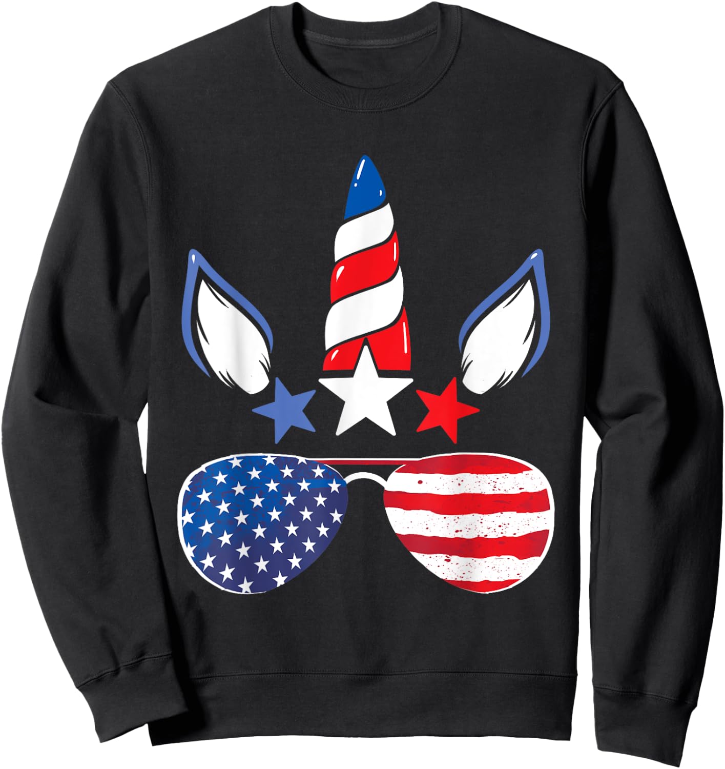 Unicorn 4th of July Girls Kids Women American Flag Sweatshirt - Sweatshirt | Black