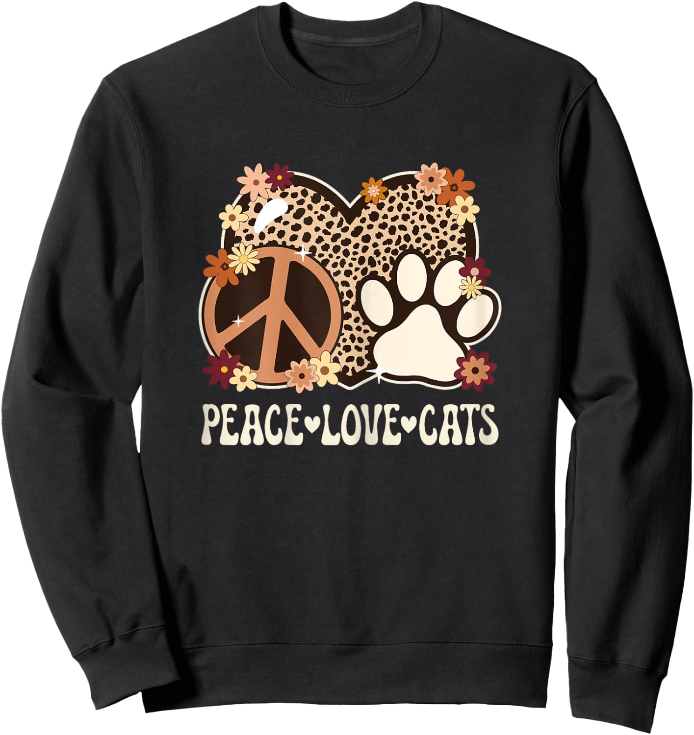 Peace Love Cats Cheetah Print Women Girl Cat Owner Cat Lover Sweatshirt - Sweatshirt | Black