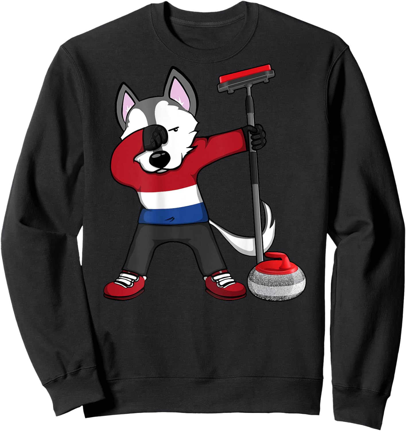 Dabbing Husky Netherlands Curling Lovers Jersey Winter Sport Sweatshirt - Sweatshirt | Black