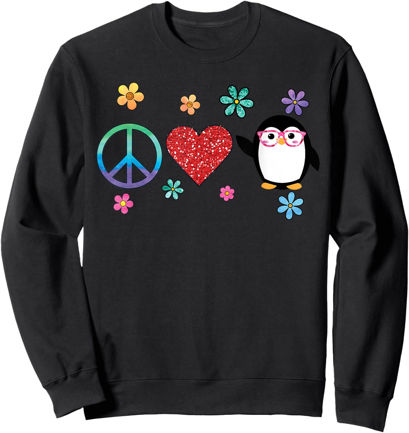 Penguin Peace Love Hippie Glasses Boho Bird Lovers Sweatshirt - Sweatshirt | Black