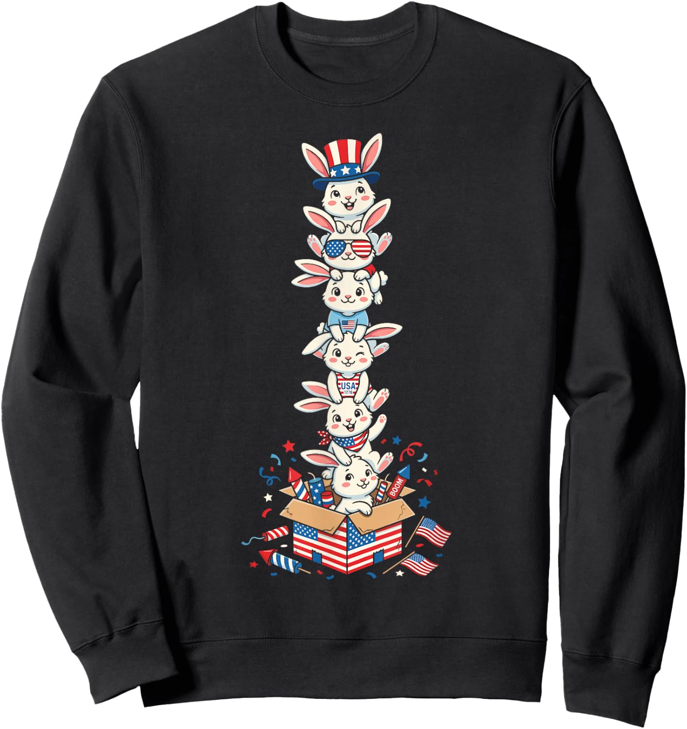 Funny Rabbit American USA Flag Memorial Day 4th of July Sweatshirt - Sweatshirt | Black