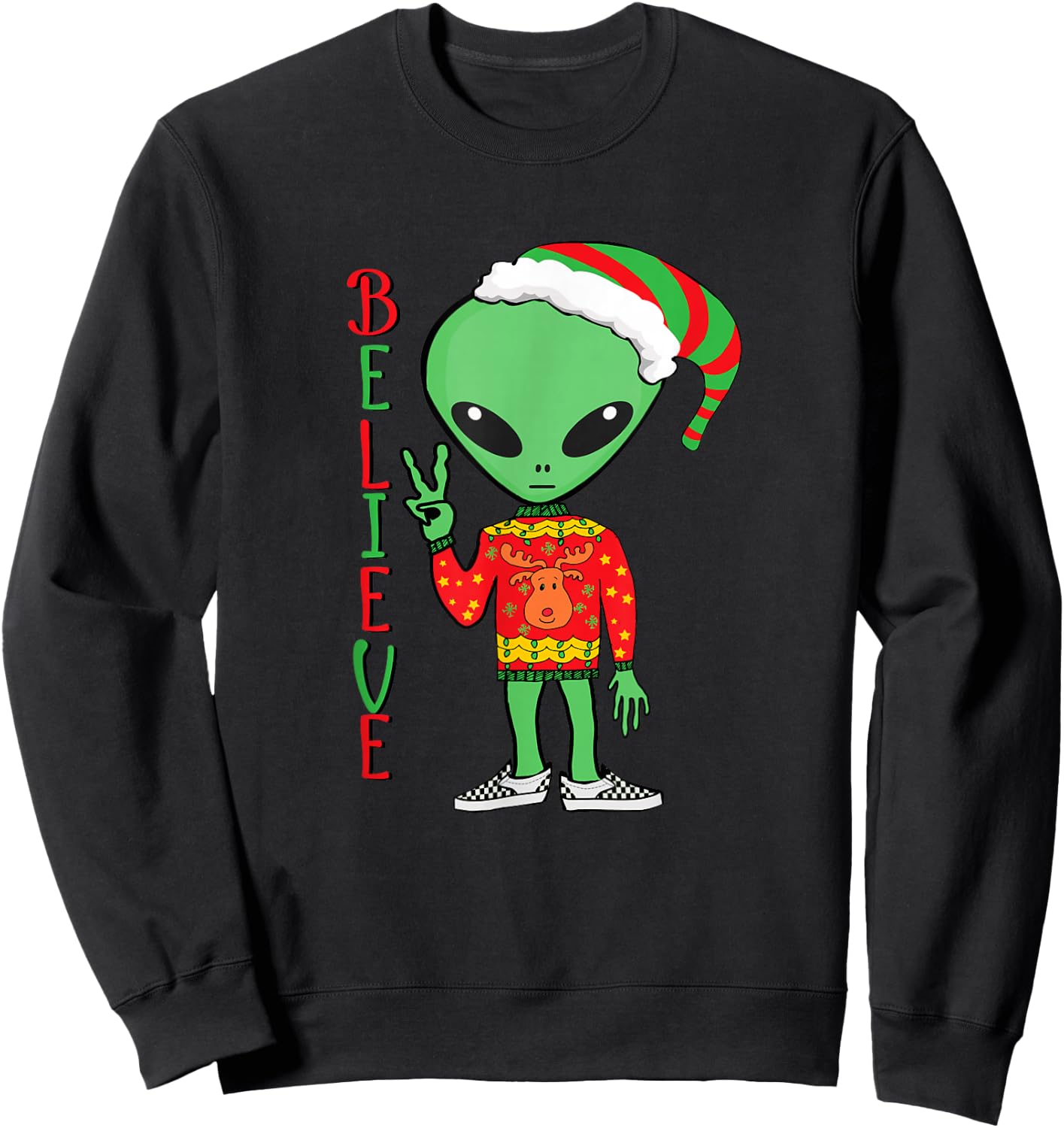 Funny Christmas Alien Ugly Sweater I Believe Santa Hat Gift Sweatshirt - Sweatshirt | Black