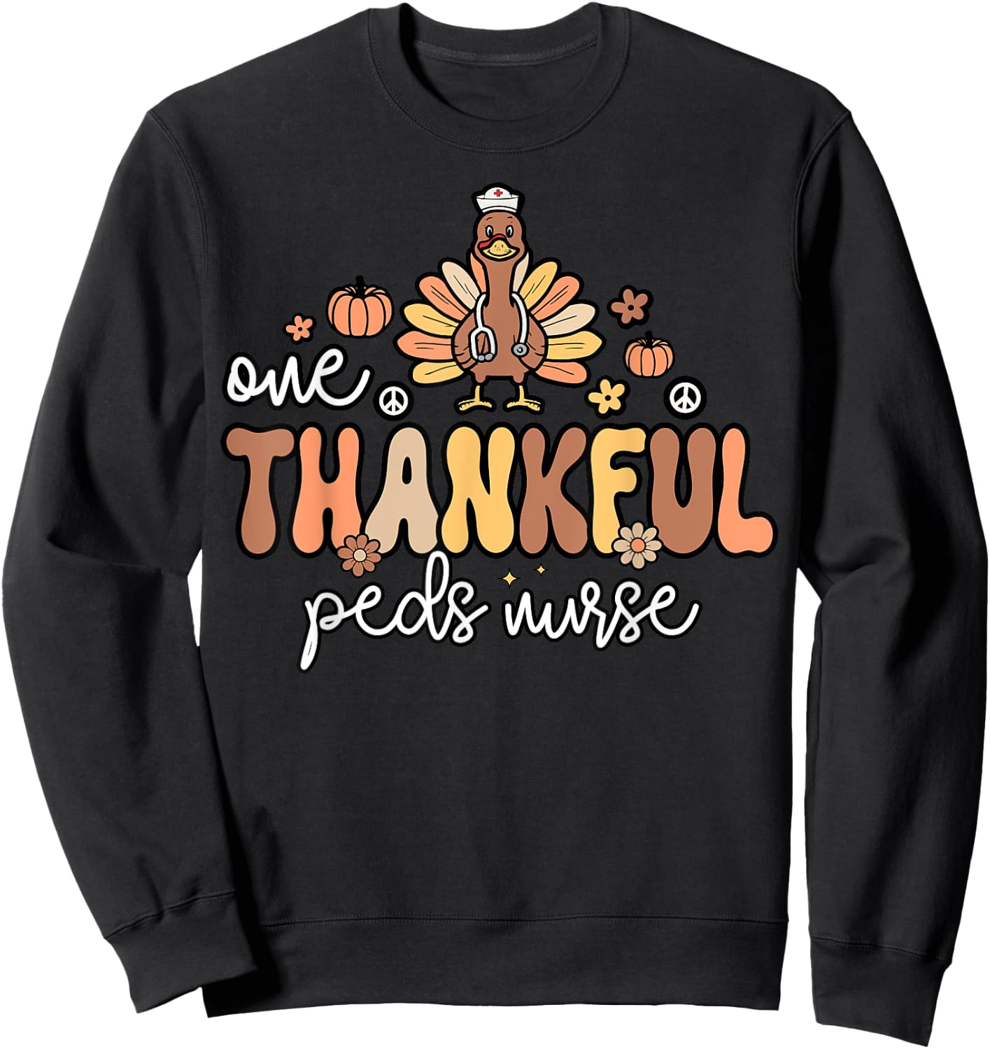 Thankful Peds Nurse Groovy Thanksgiving Turkey Pediatric Sweatshirt - Sweatshirt | Black