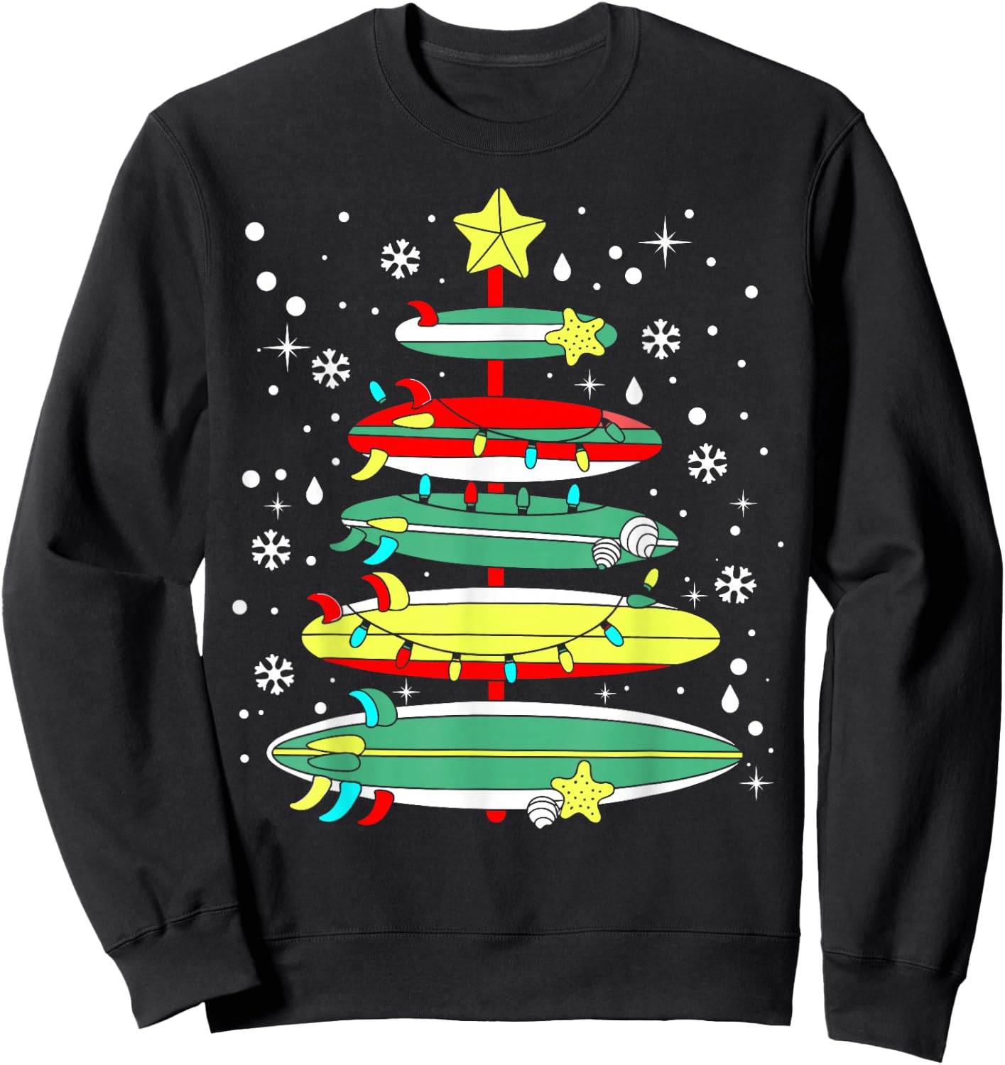 Surf Funny Surfboard Xmas Lights Surfing Christmas Tree Sweatshirt - Sweatshirt | Black