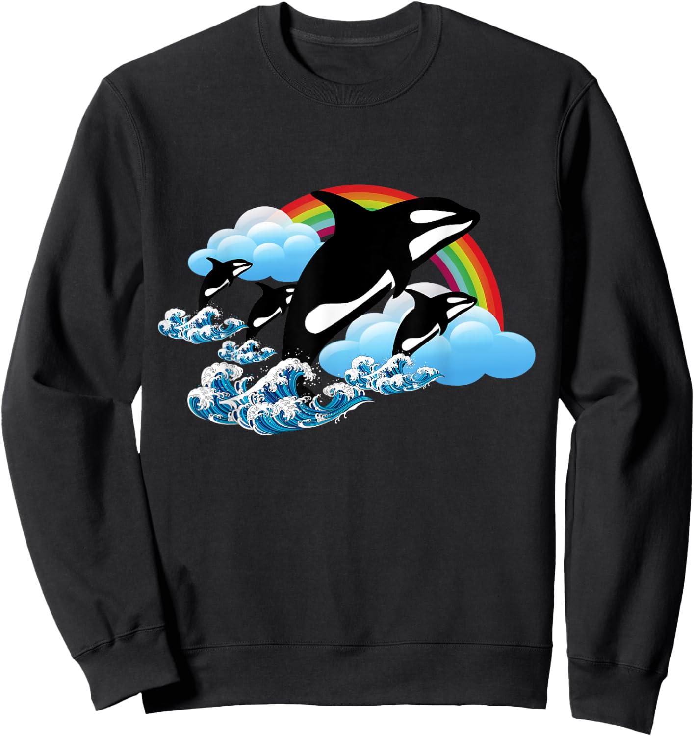 Killer Orca Whale Family Jumping Over Rainbow - Funny Sweatshirt - Sweatshirt | Black