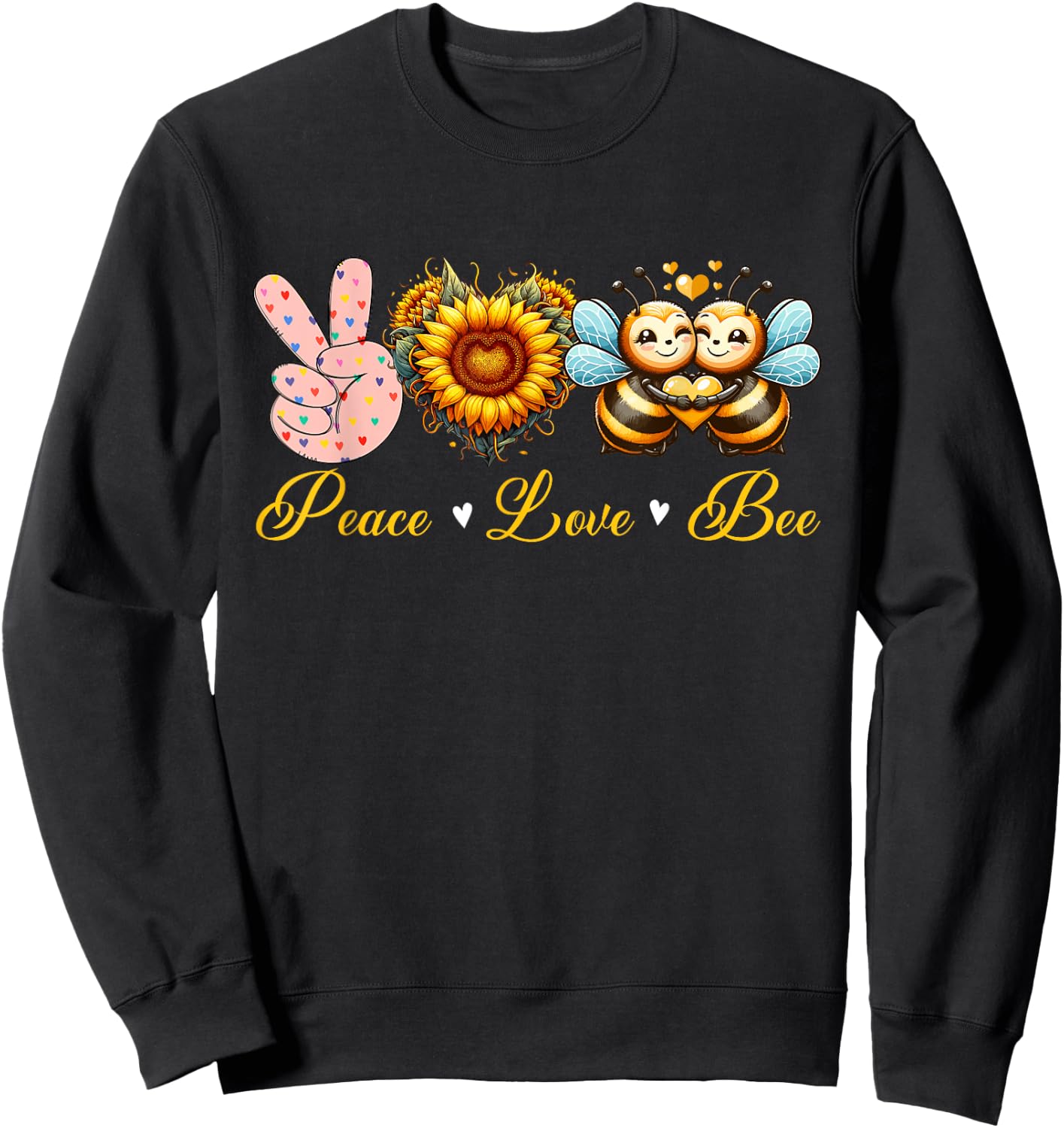 Peace Love Bee Insects Sunflowers Peace Hand Sign Heart Sweatshirt - Sweatshirt | Black