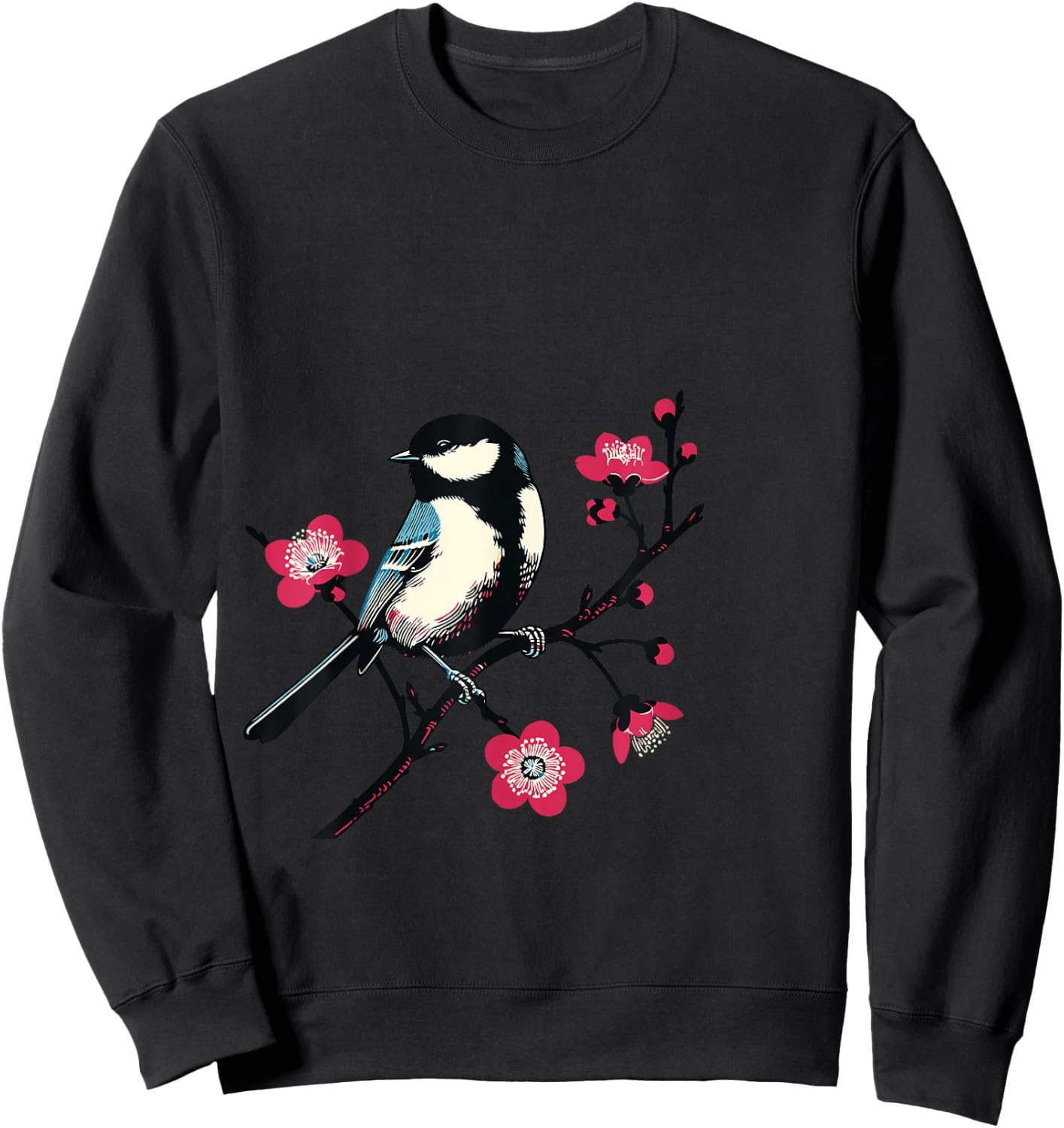 Bird on Branch with Flowers Nature Art for Bird Lovers , Blue, S Sweatshirt - Sweatshirt | Black