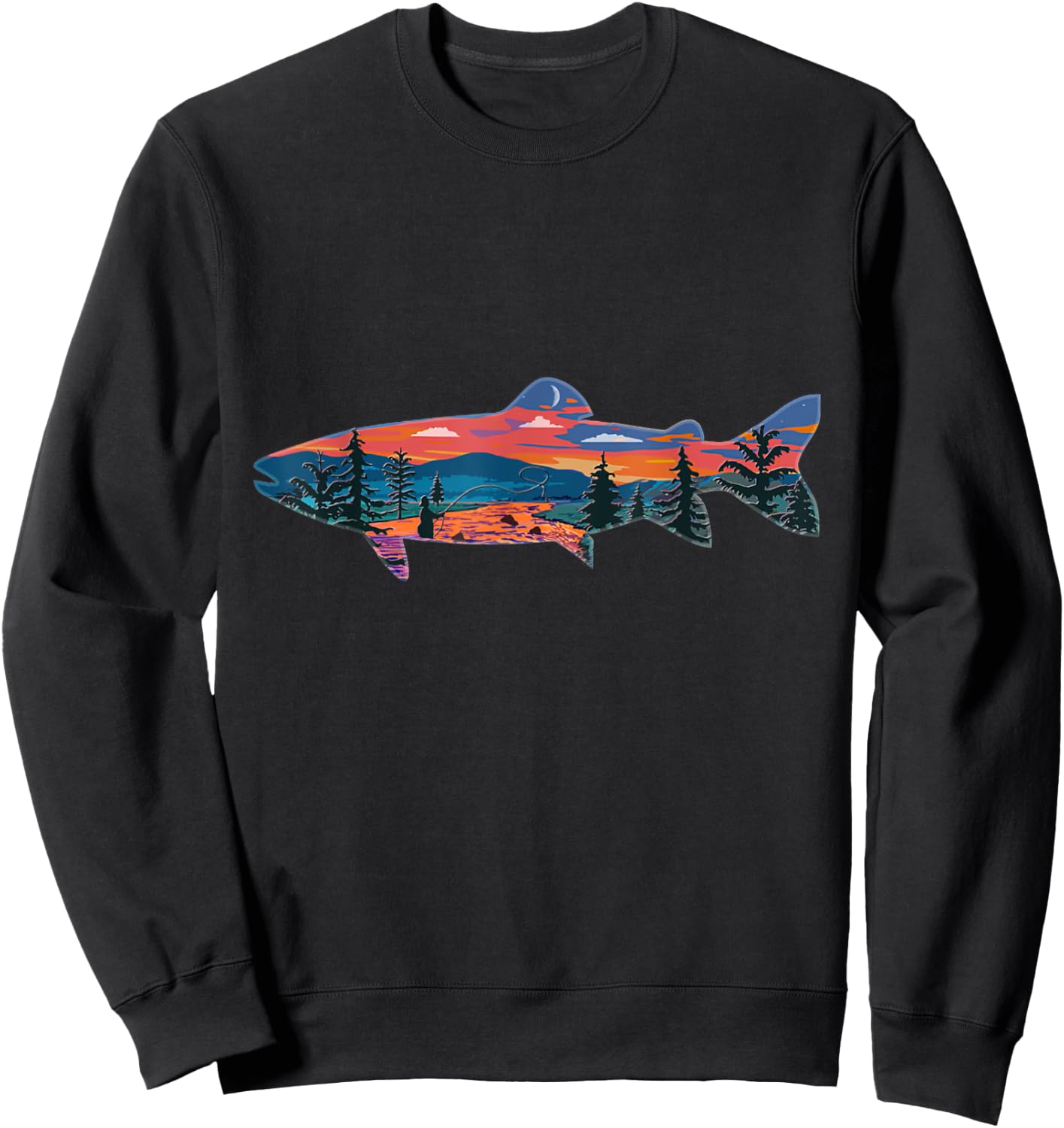 Trout Silhouette Fly Fishing Mountain Sunset River Stream Sweatshirt - Sweatshirt | Black