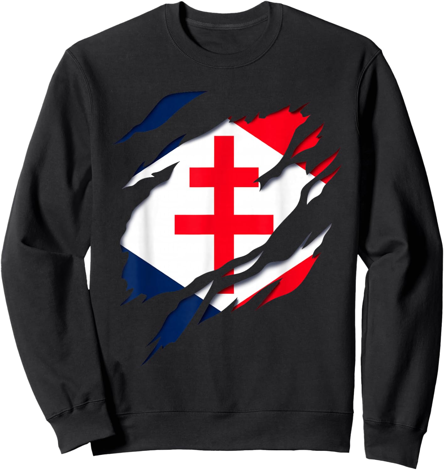 Gaullism Flag Cross of Lorraine Torn 3D Effect France , Black, S Sweatshirt - Sweatshirt | Black