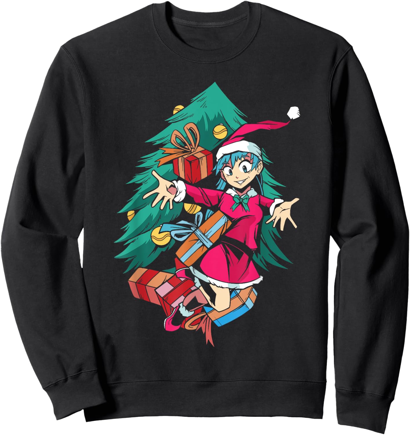 Anime Girl Santa Hat Christmas Pajama Cute Kawaii Xmas Otaku Sweatshirt - Sweatshirt | Black