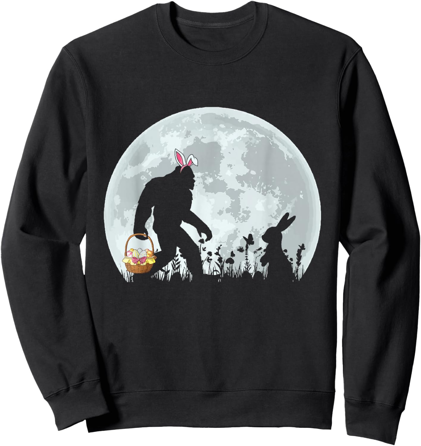Funny Bigfoot Easter Basket Bunny Silhouette Boys Girls Kids Sweatshirt - Sweatshirt | Black