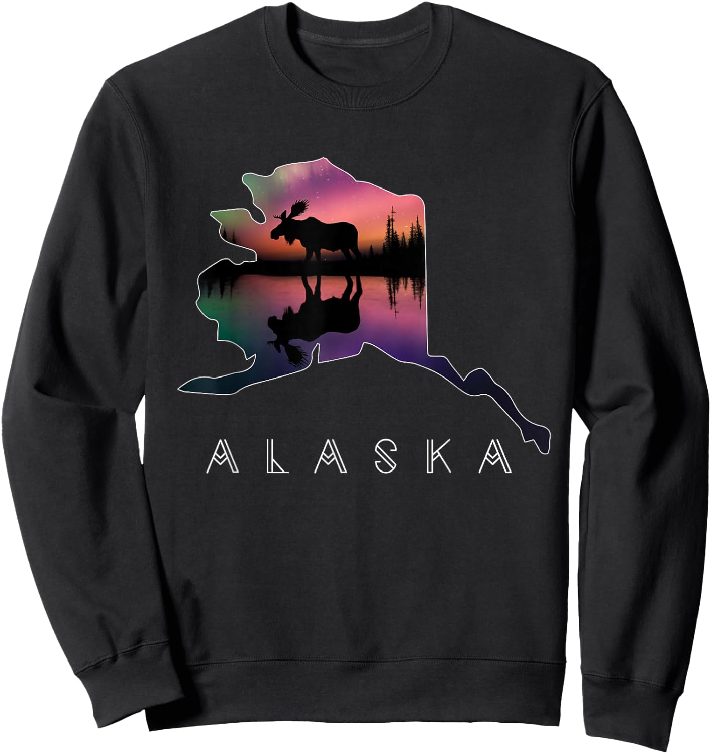Alaskan Moose Aurora Borealis Alaska State & Landscape Sweatshirt - Sweatshirt | Black