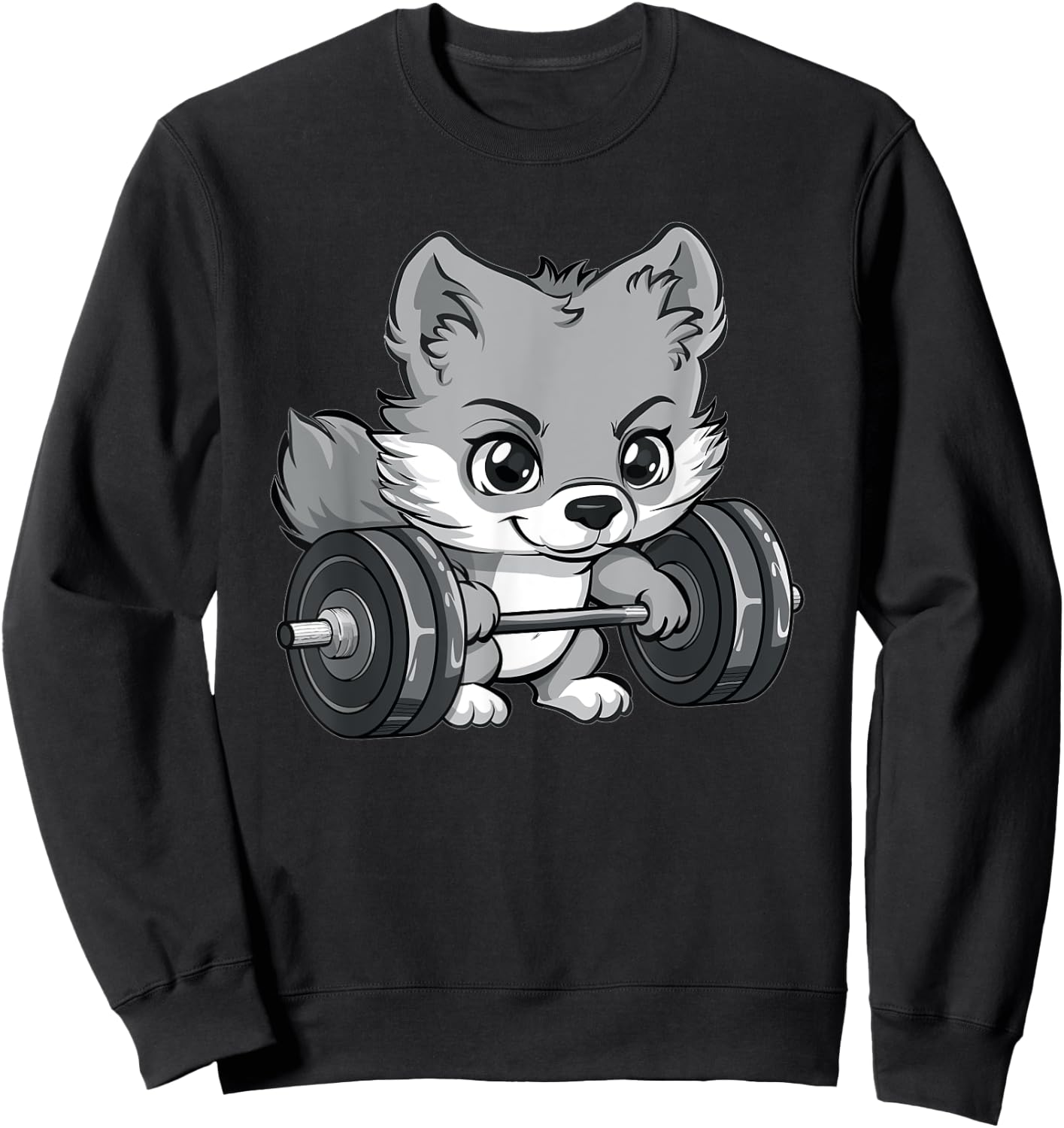 Cute Gray Wolf Weightlifting Sweatshirt - Sweatshirt | Black