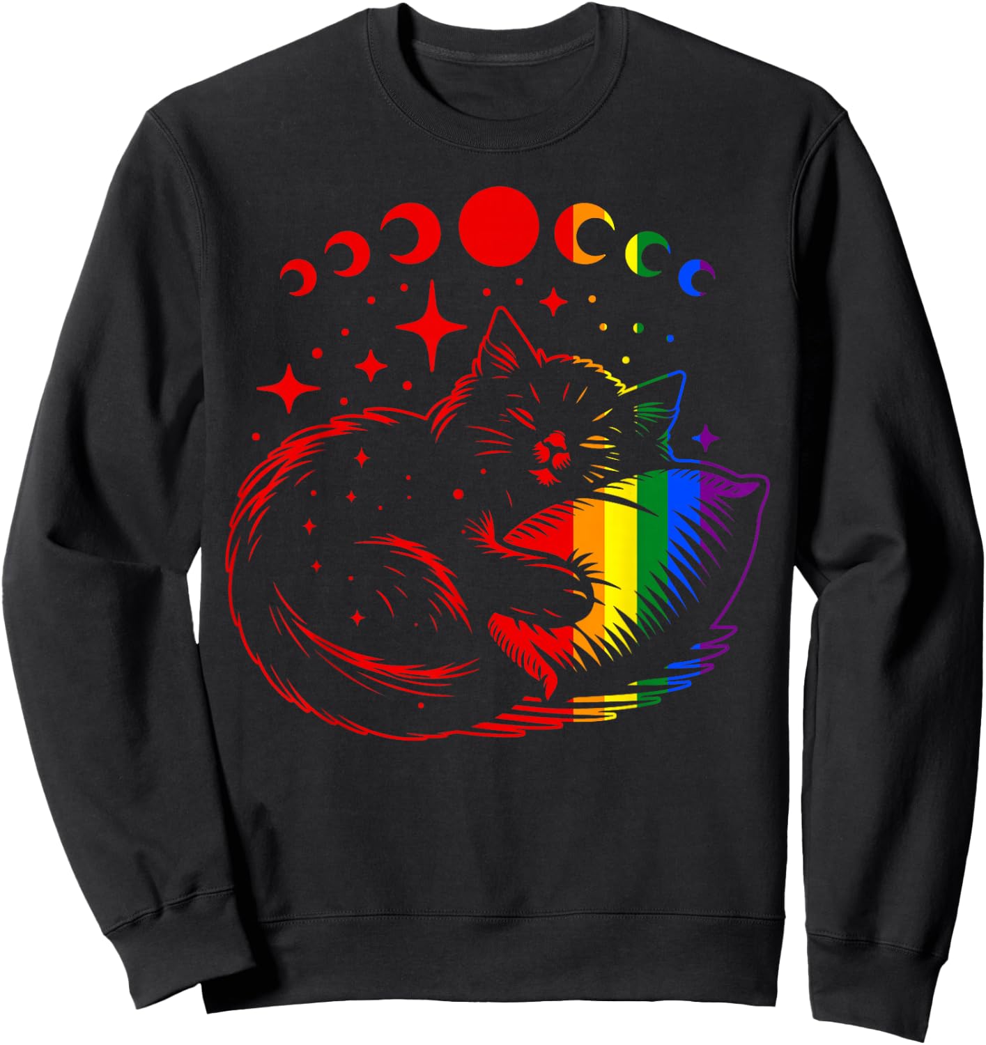 Rainbow Cat Sleeping with Moon Phases and Stars Gay Pride Sweatshirt - Sweatshirt | Black