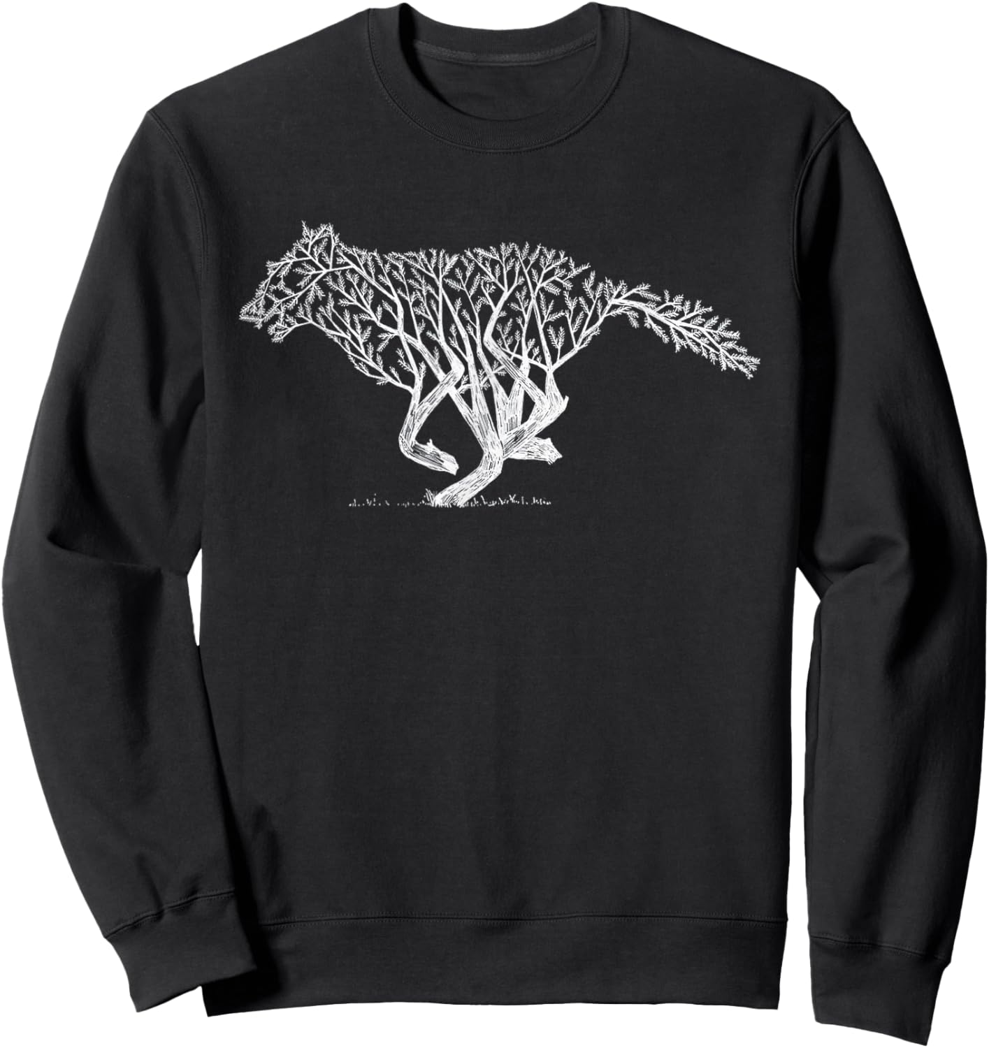 Retro Nature-Inspired Wildlife Tree Branch Running Wild Wolf Sweatshirt - Sweatshirt | Black
