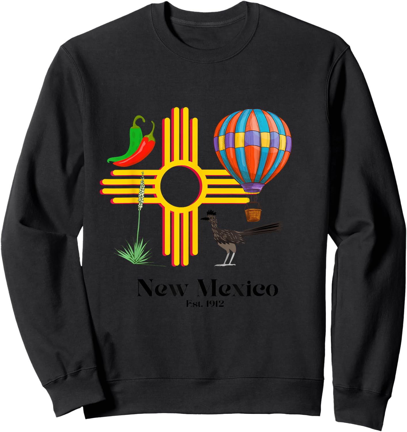 New Mexico Zia: Chiles, Balloon, Roadrunner, Yucca Est. 1912 Sweatshirt - Sweatshirt | Black