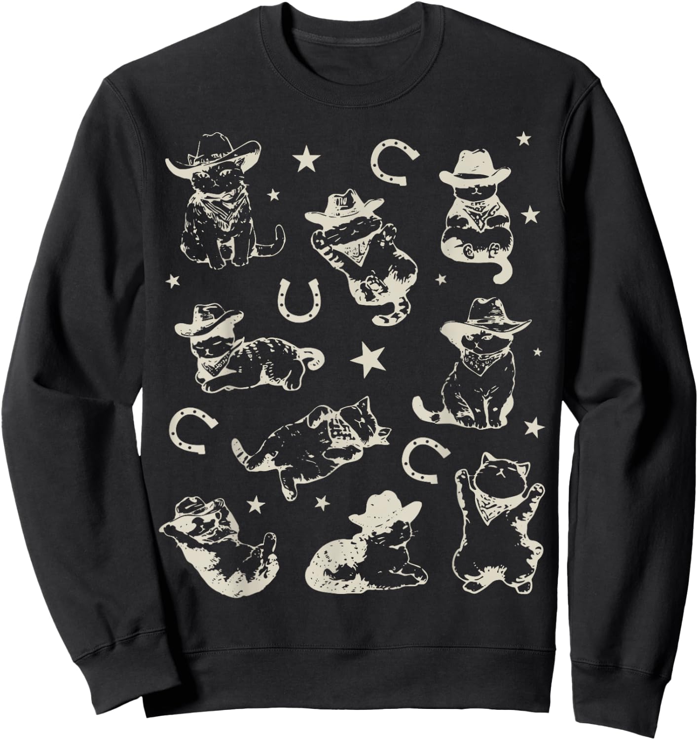 Retro 90s Cowboy Cats Horseshoe Kittens Western Cowgirl Sweatshirt - Sweatshirt | Black