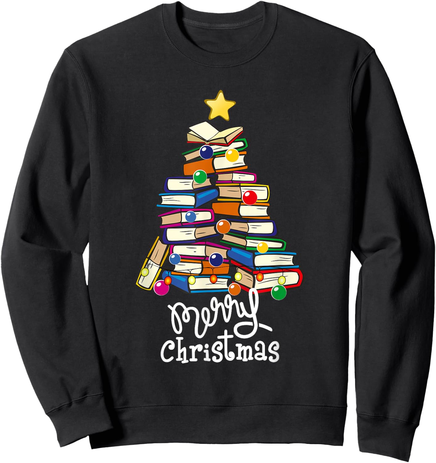 Merry Christmas Tree Love Reading Books Librarian Nerd Sweatshirt - Sweatshirt | Black