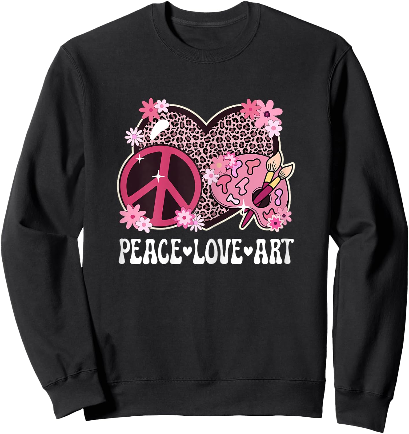 Peace Love Art Lover Artist Leopard Print Women Art Teacher Sweatshirt - Sweatshirt | Black