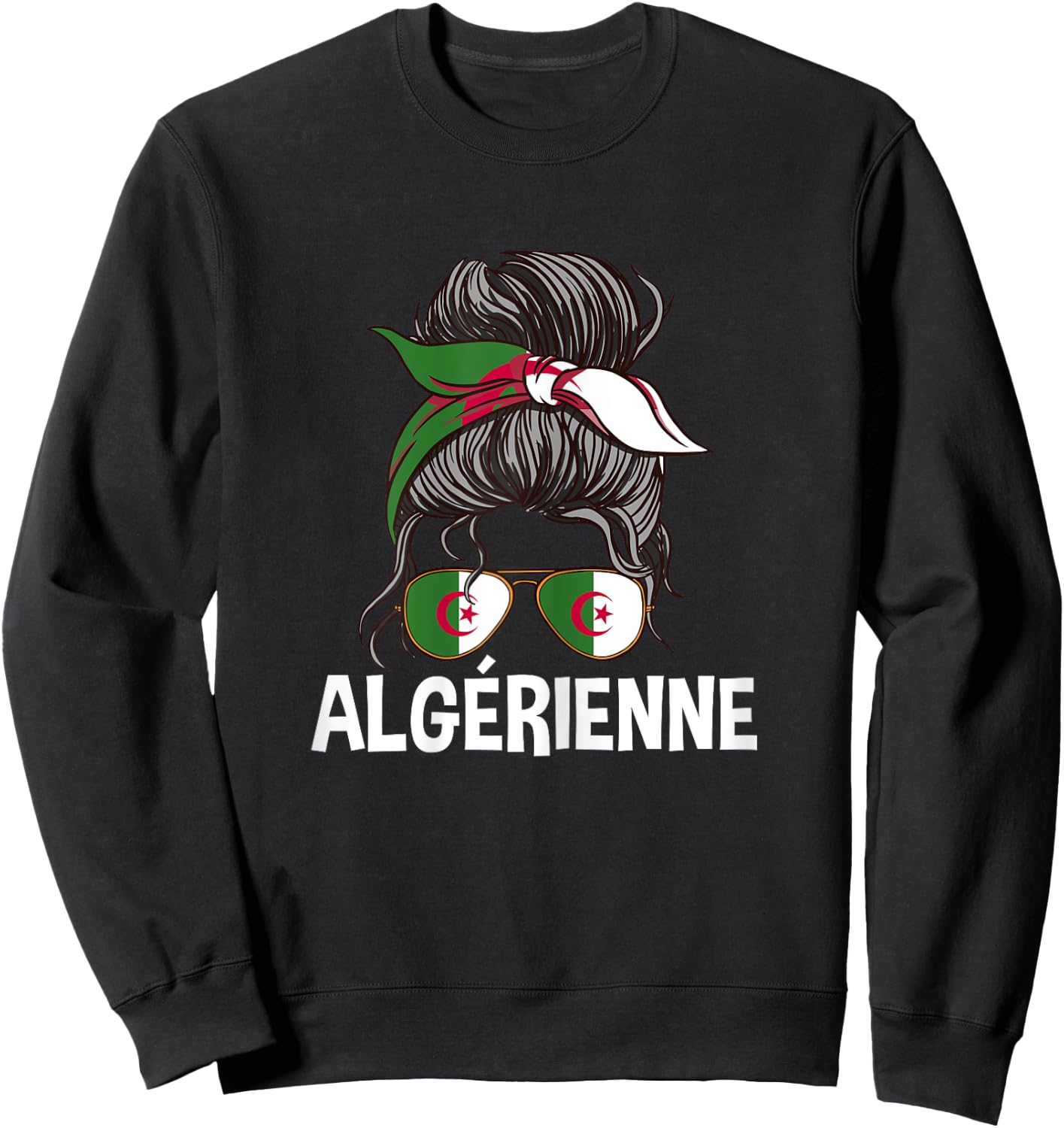 Algerienne Proud Algeria Girl Messy Hair Flag Algeria Woman , Black, Female X-Small Sweatshirt - Sweatshirt | Black
