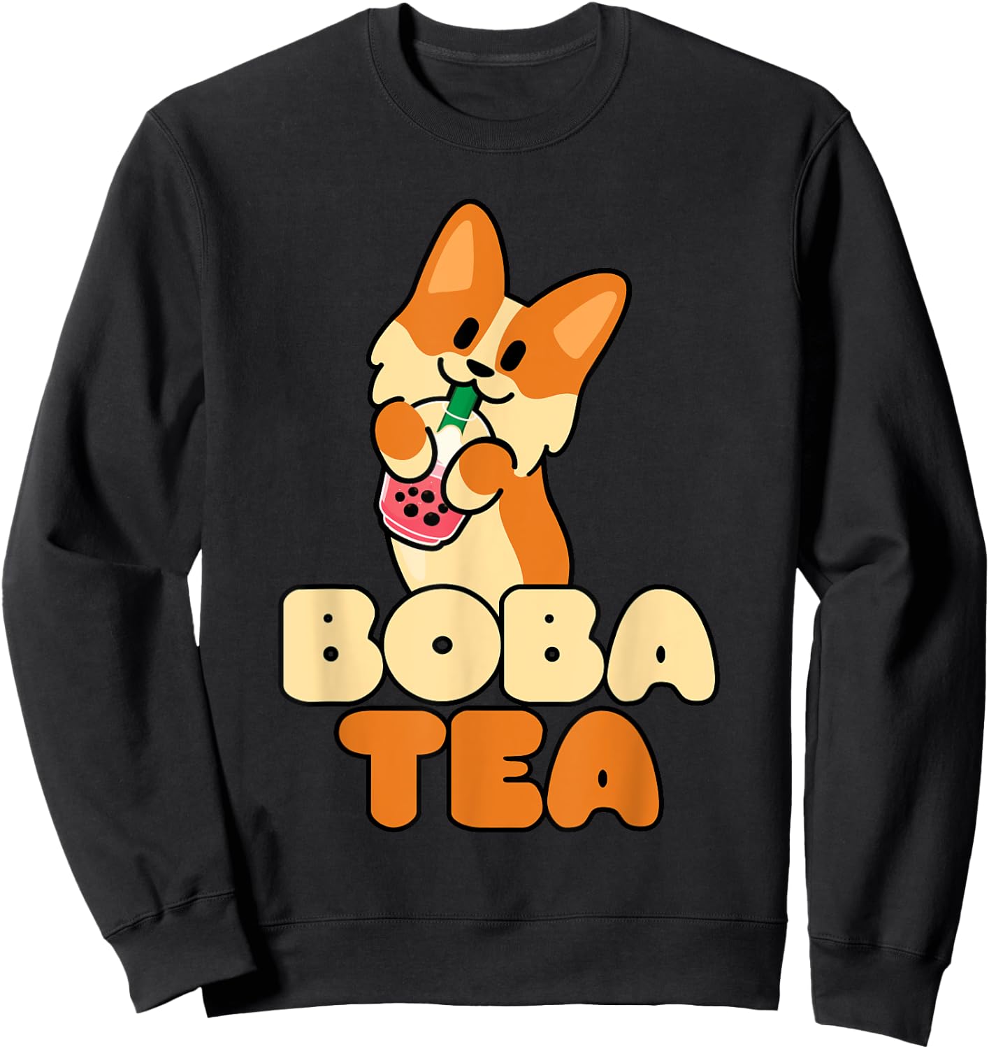 Kawaii Dog Corgi Anime Cat Boba Drink Bubble Tea Tapioca Men Women Girls Kids Sweatshirt - Sweatshirt | Black