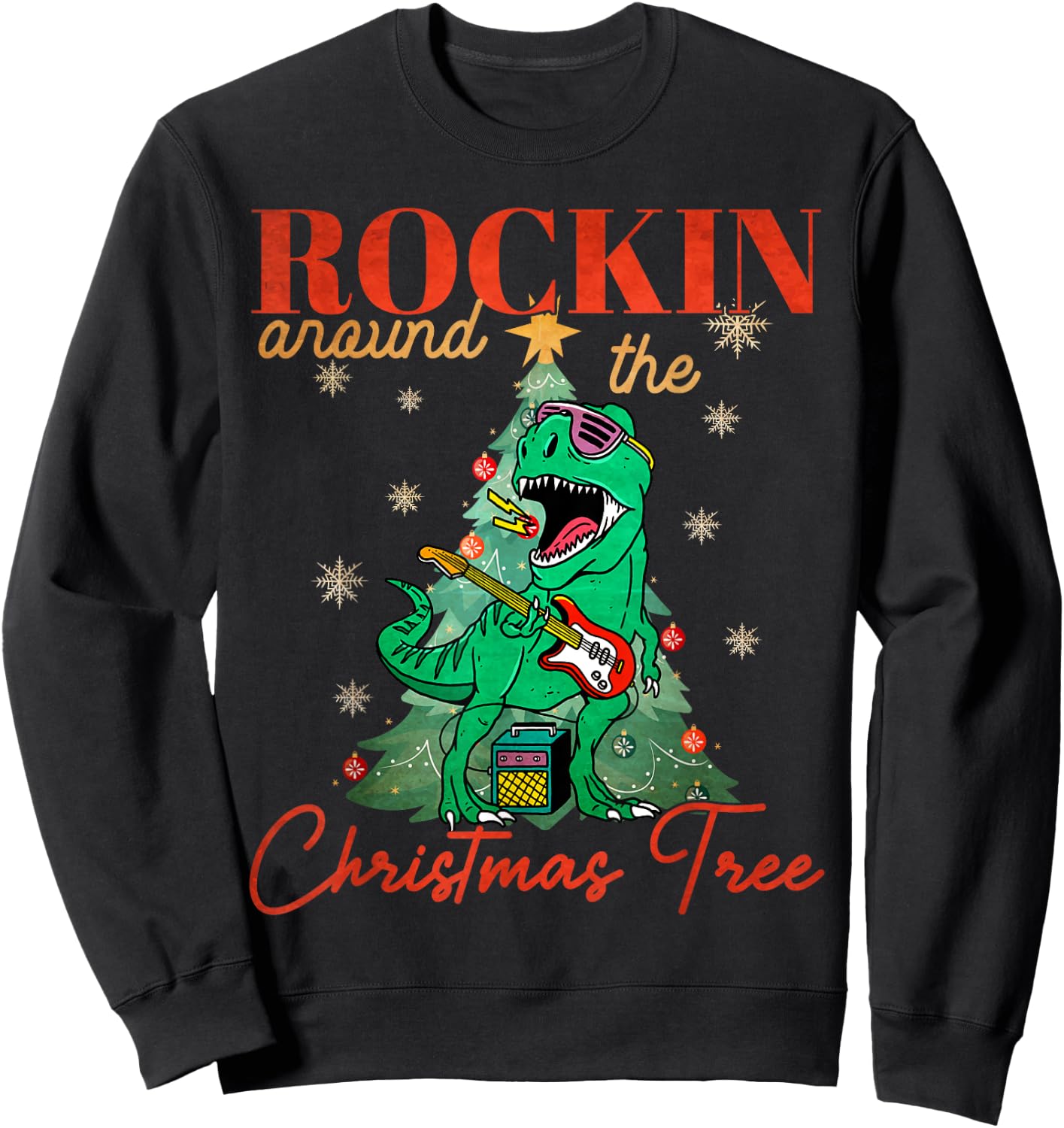 Rocking Around The Christmas Tree T-rex Rock and Roll Guitar Sweatshirt - Sweatshirt | Black