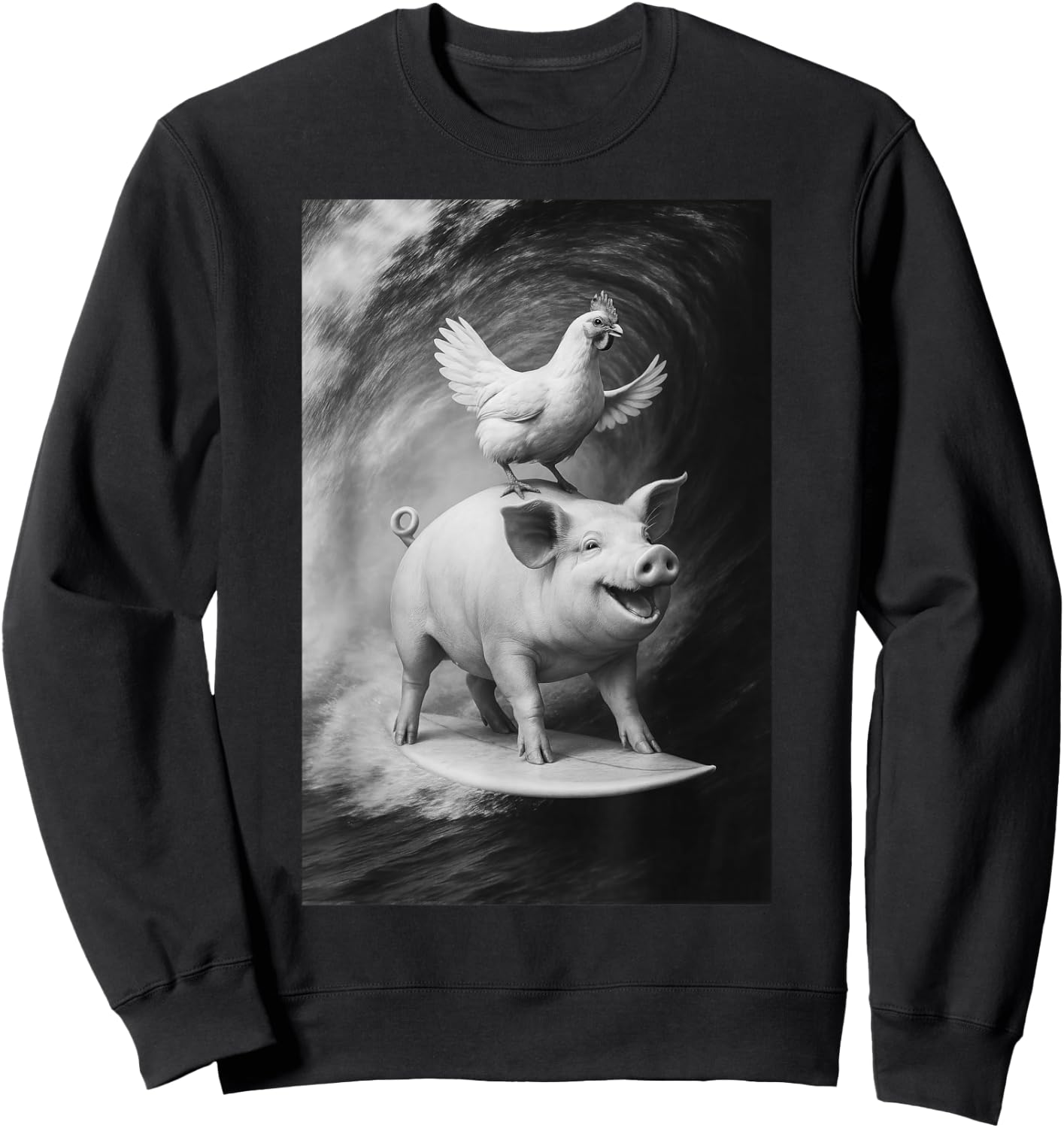 Funny Surfing Pig and Chicken Selfie On Farm Animal Sweatshirt - Sweatshirt | Black