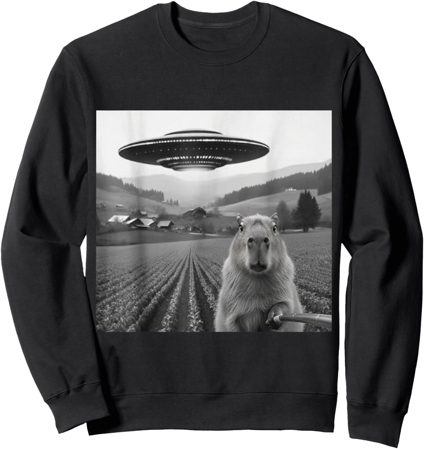 Capybara Selfie with Alien UFO Shirts Funny Gifts Sweatshirt - Sweatshirt | Black