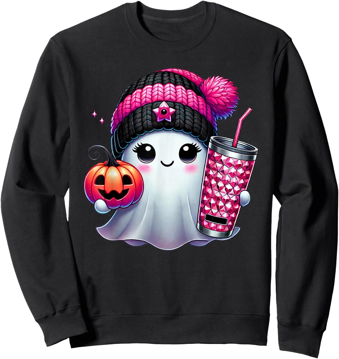 Cute Ghost Drinking Coffee Halloween Ghost Ice Coffee Sweatshirt - Sweatshirt | Black